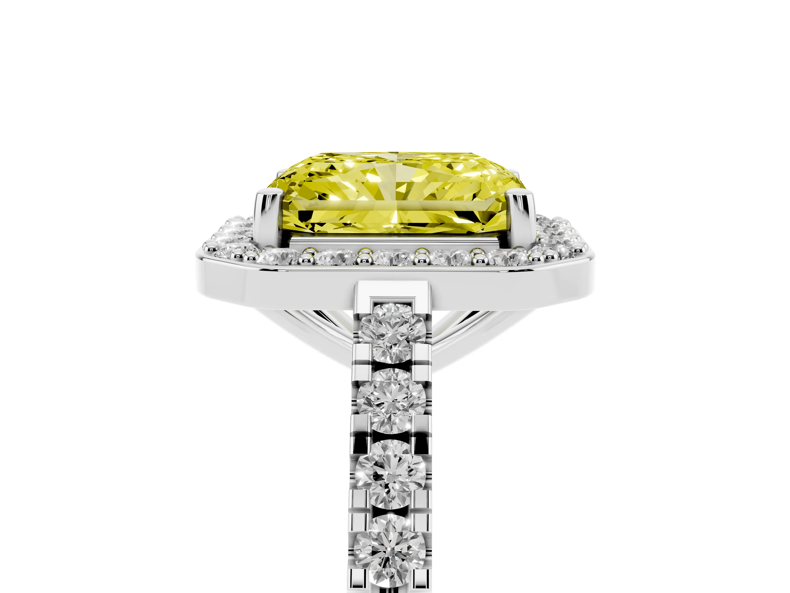 Fancy Yellow Radiant Cut Diamond Halo Ring Set in White gold with Round Pavé Split Shank and Prong Setting