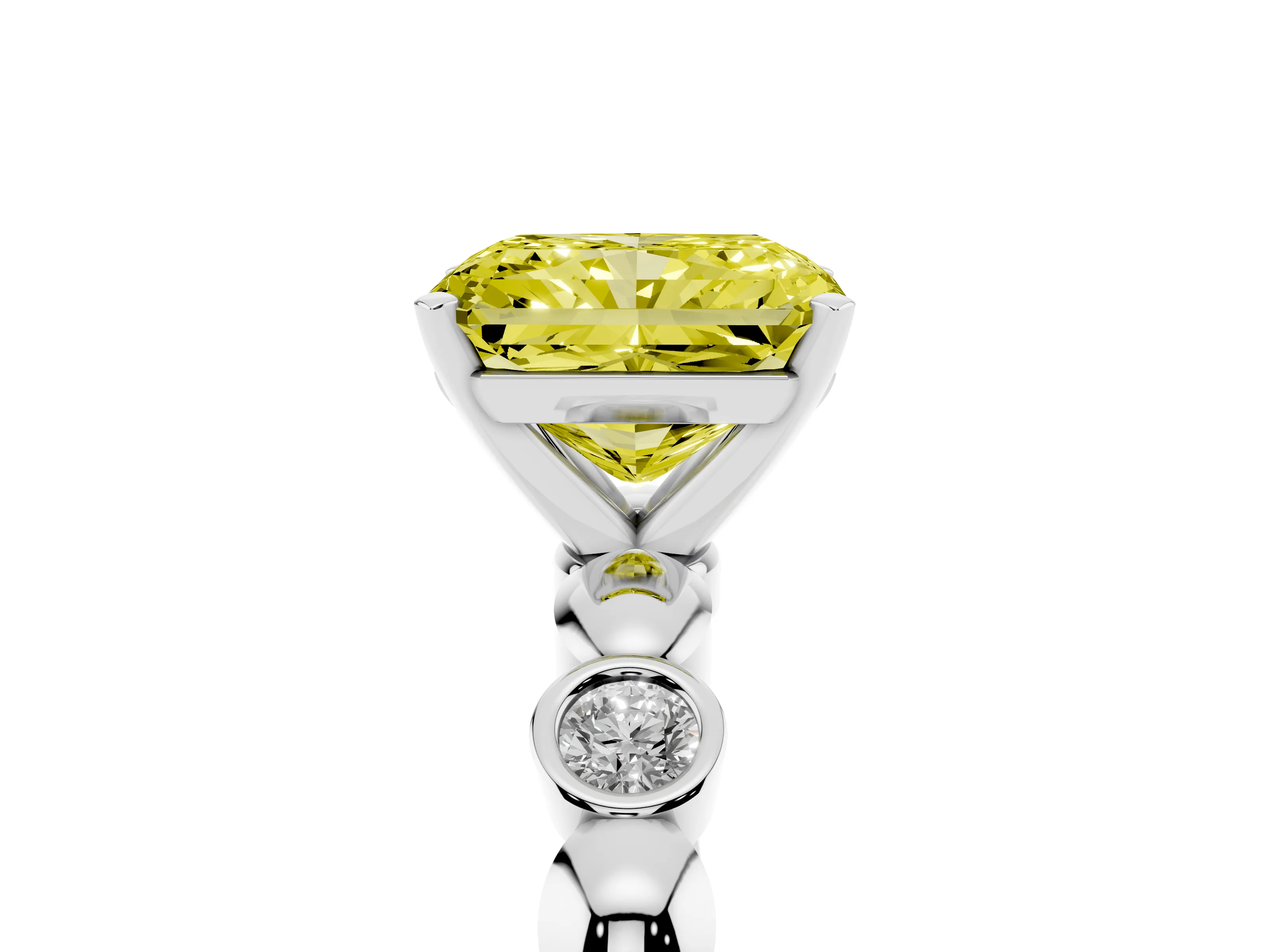 Fancy Yellow Radiant Cut Diamond Solitaire Ring Set in White gold with Bezel-Set Accents on Beaded Band and Prong Setting