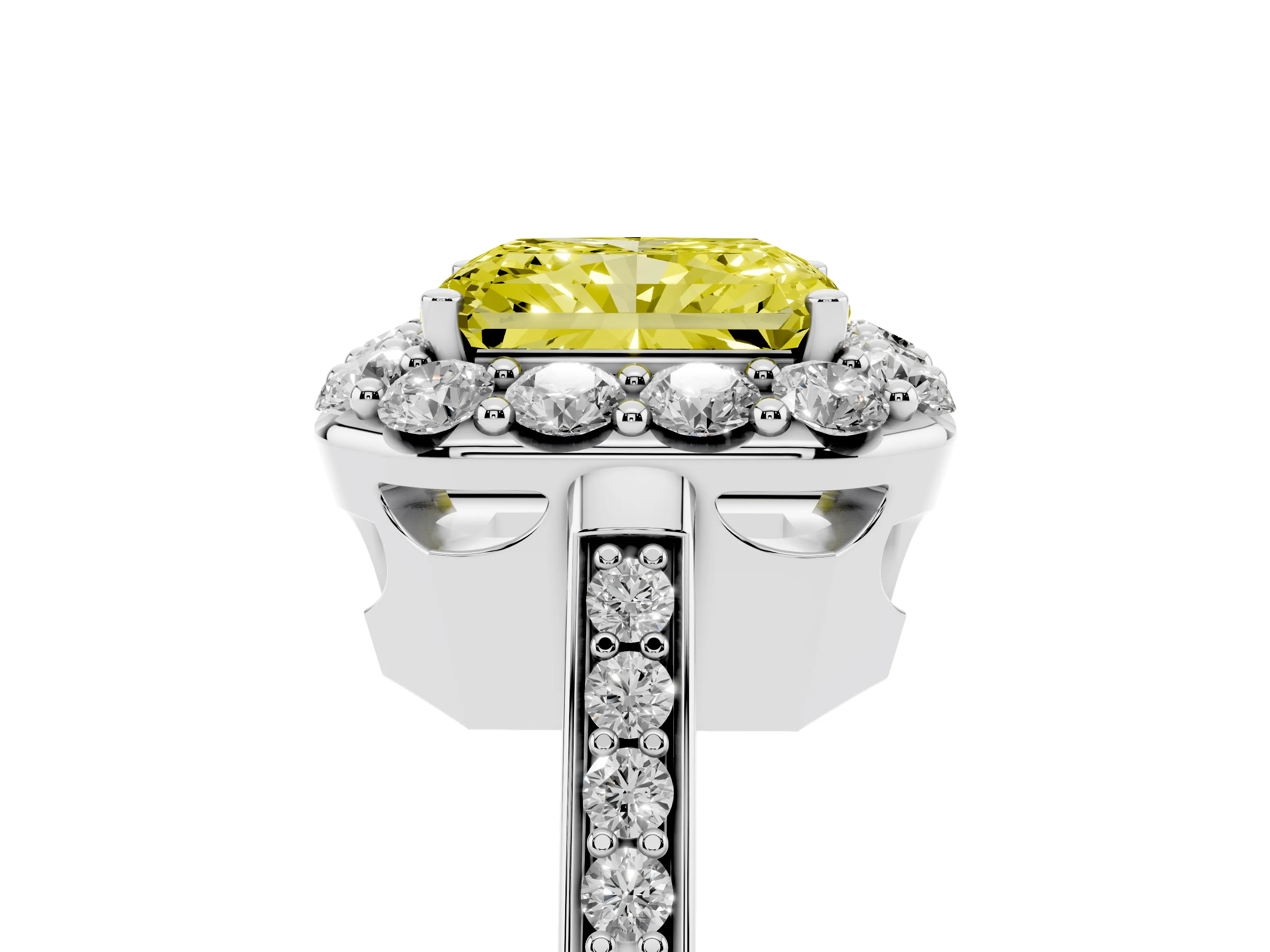 Fancy Yellow Radiant Cut Diamond Floral Halo Ring Set in Platinum with Pavé Band and Prong Setting