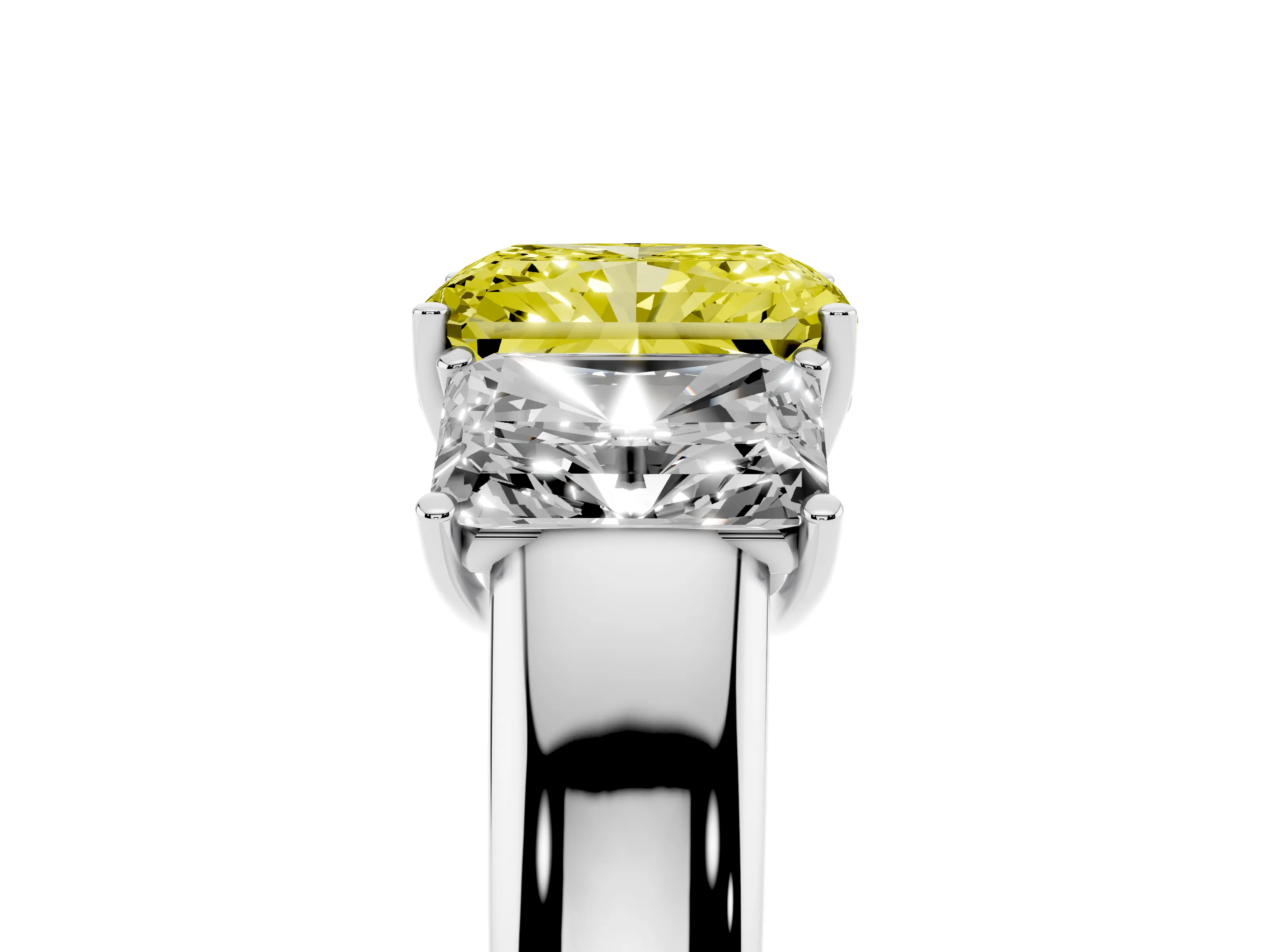 Fancy Yellow Three-Stone Radiant Cut Diamond Ring Set in Silver with Matching Prong Settings and Plain Band