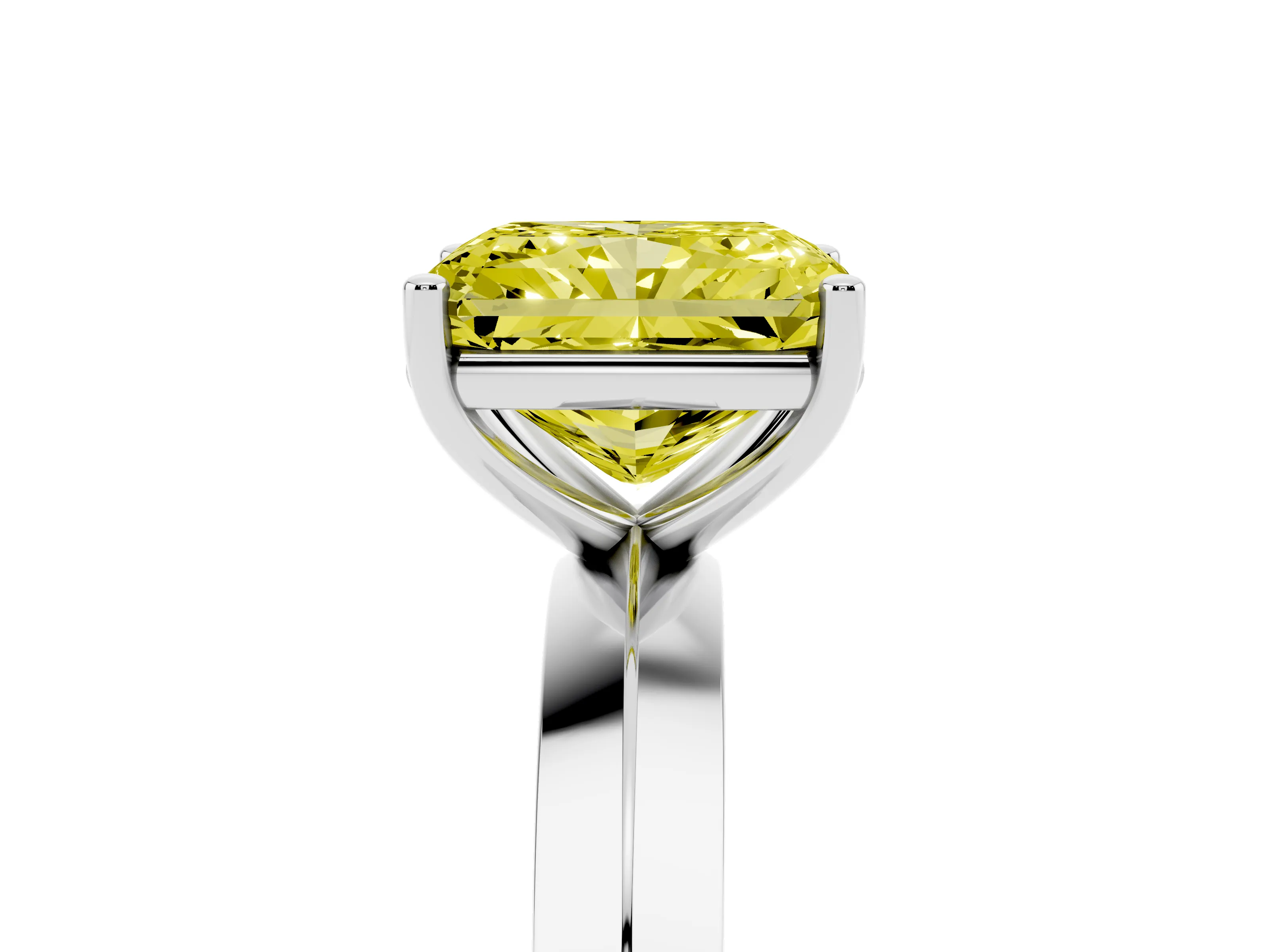 Fancy Yellow Radiant Cut Diamond Solitaire Engagement Ring Set in Silver with Flat Band and Prong Setting