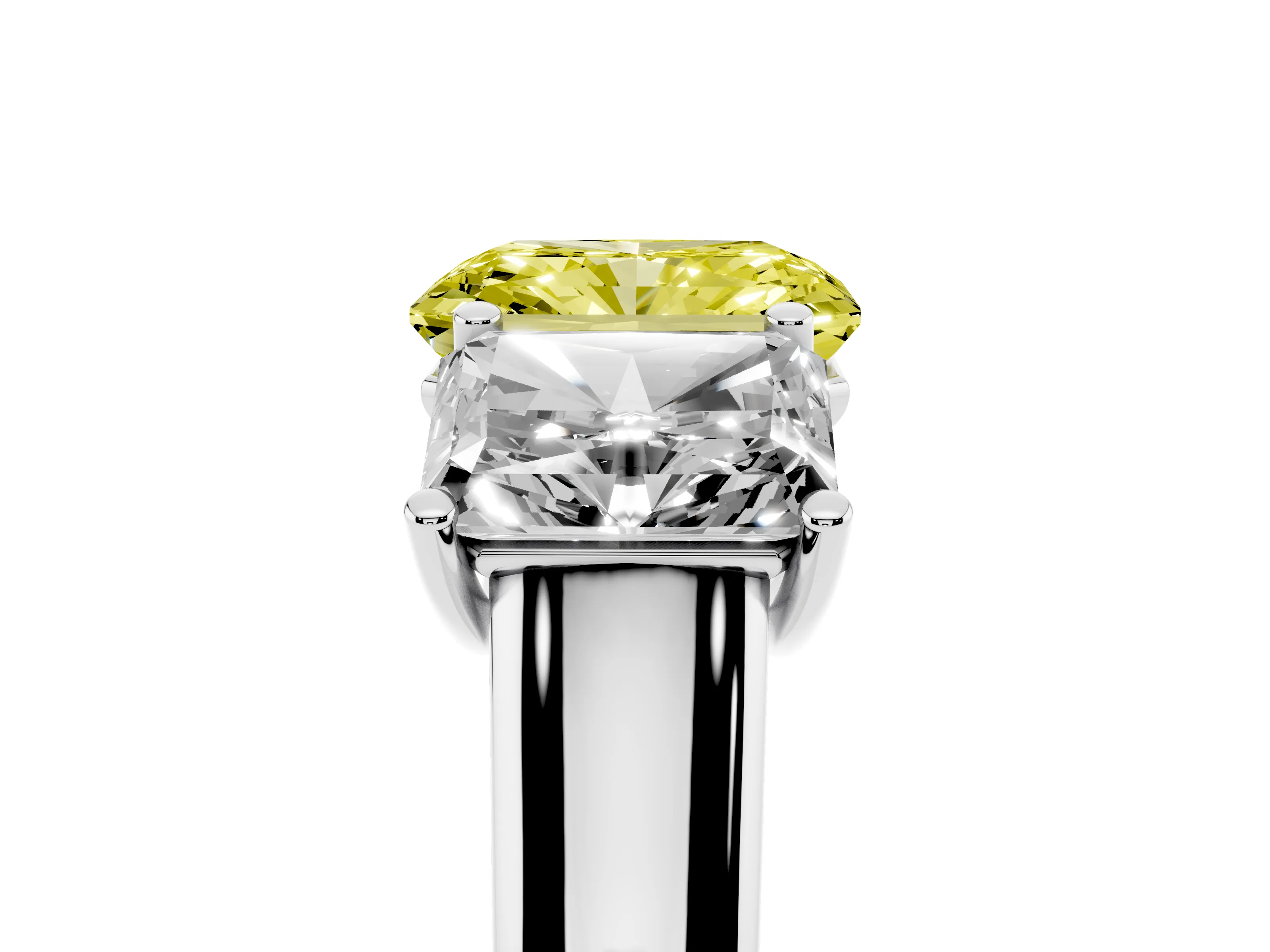 Fancy Yellow Radiant Cut Diamond Three-Stone Ring Set in White gold with Plain Polished Band