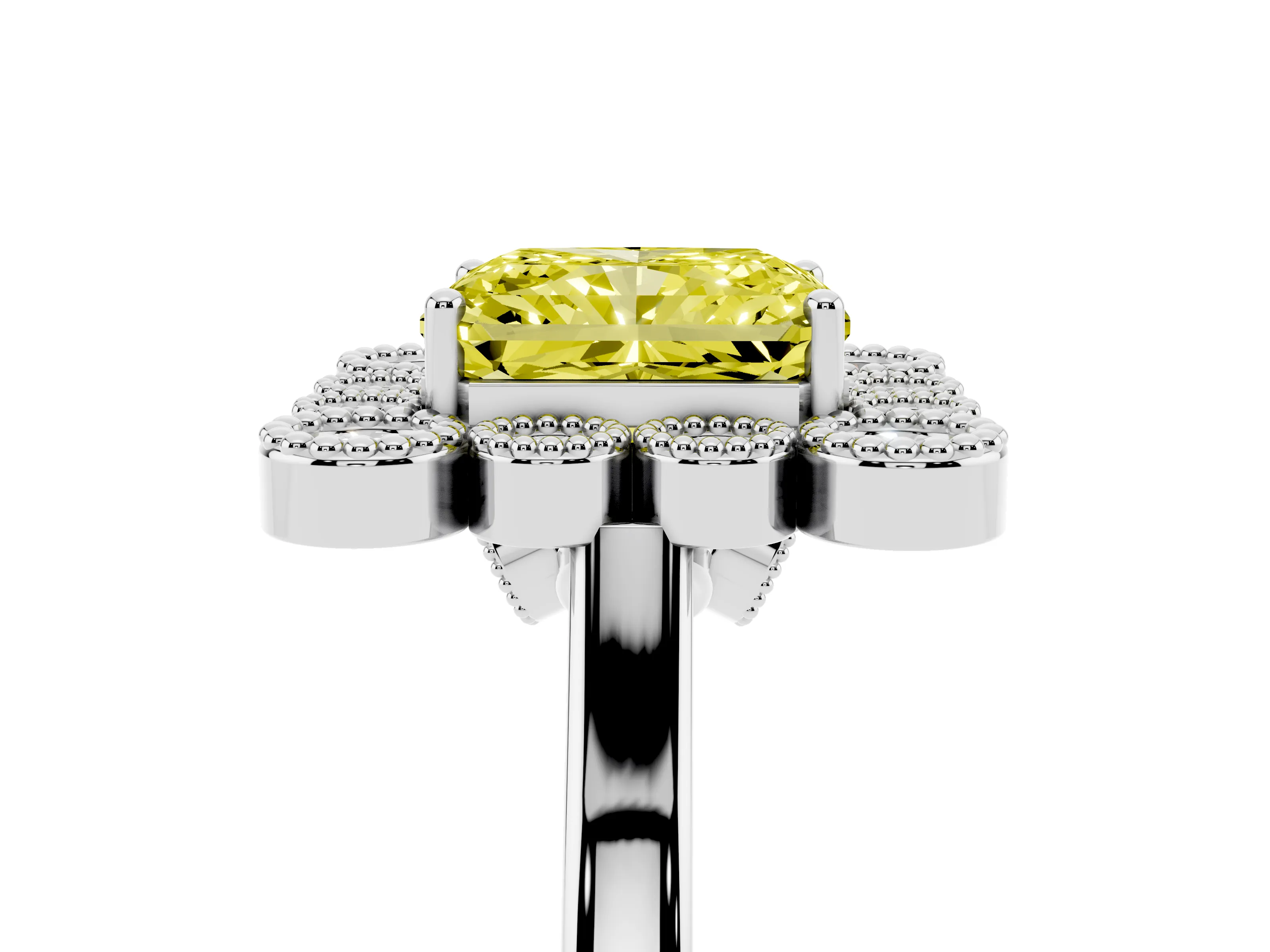 Fancy Yellow Radiant Cut Diamond Cluster Halo Ring Set in White gold with Milgrain Bezel Accents and Plain Band