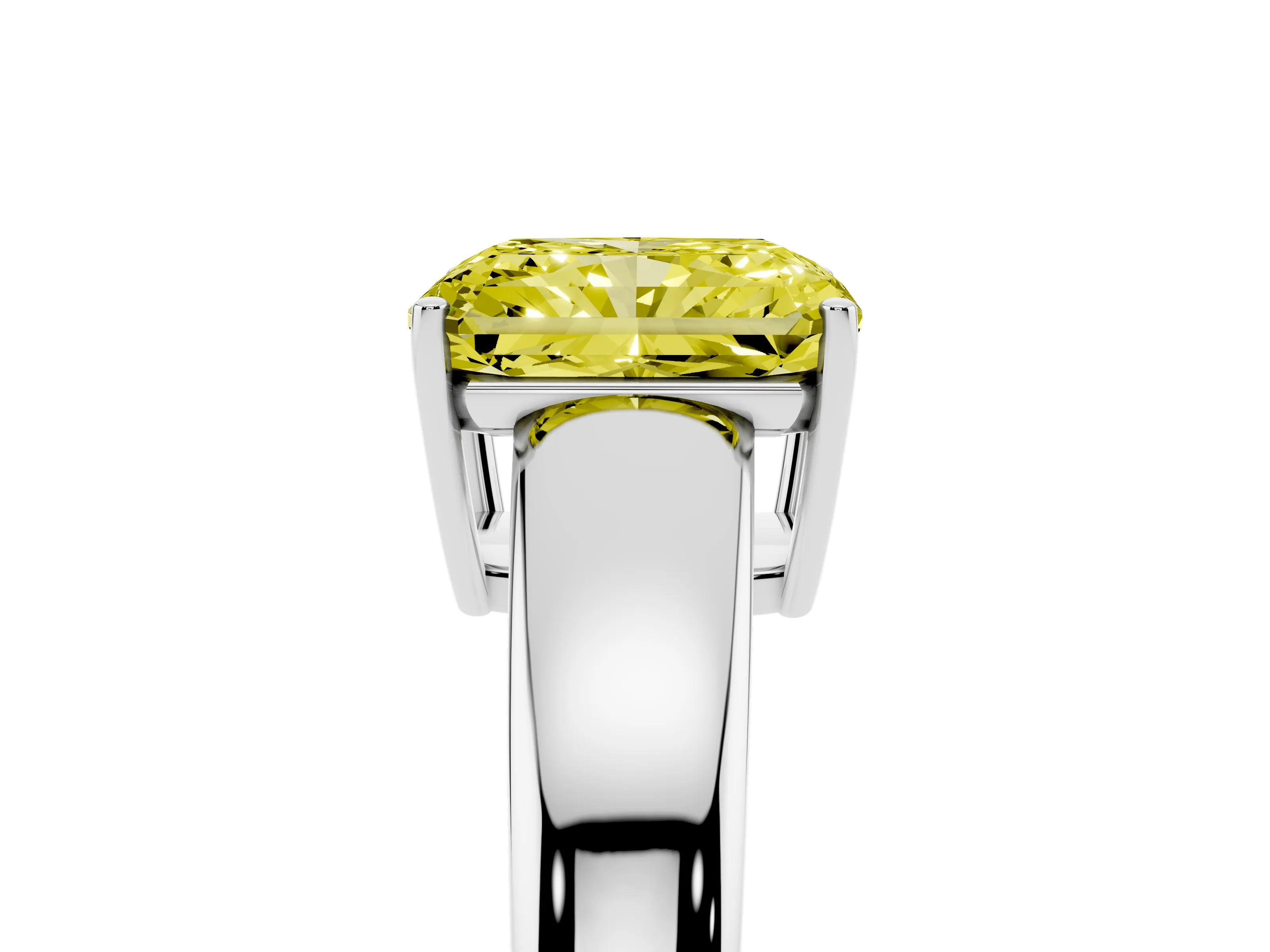 Fancy Yellow Radiant Cut Diamond Solitaire Ring Set in White gold with Tapered Band and Prong Setting