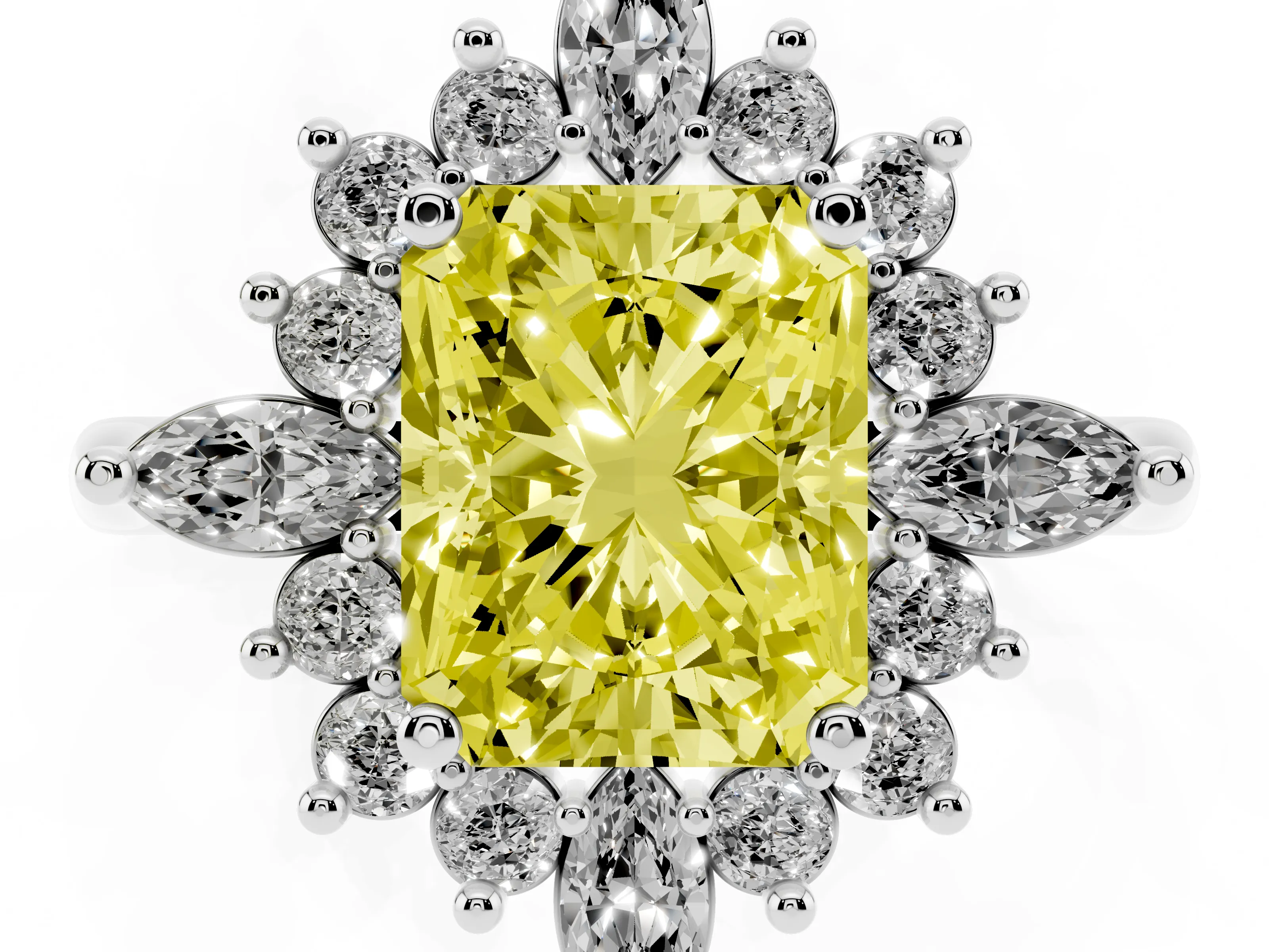 Fancy Yellow Radiant Cut Diamond Cluster Halo Ring Set in Platinum with Marquise and Round Accents