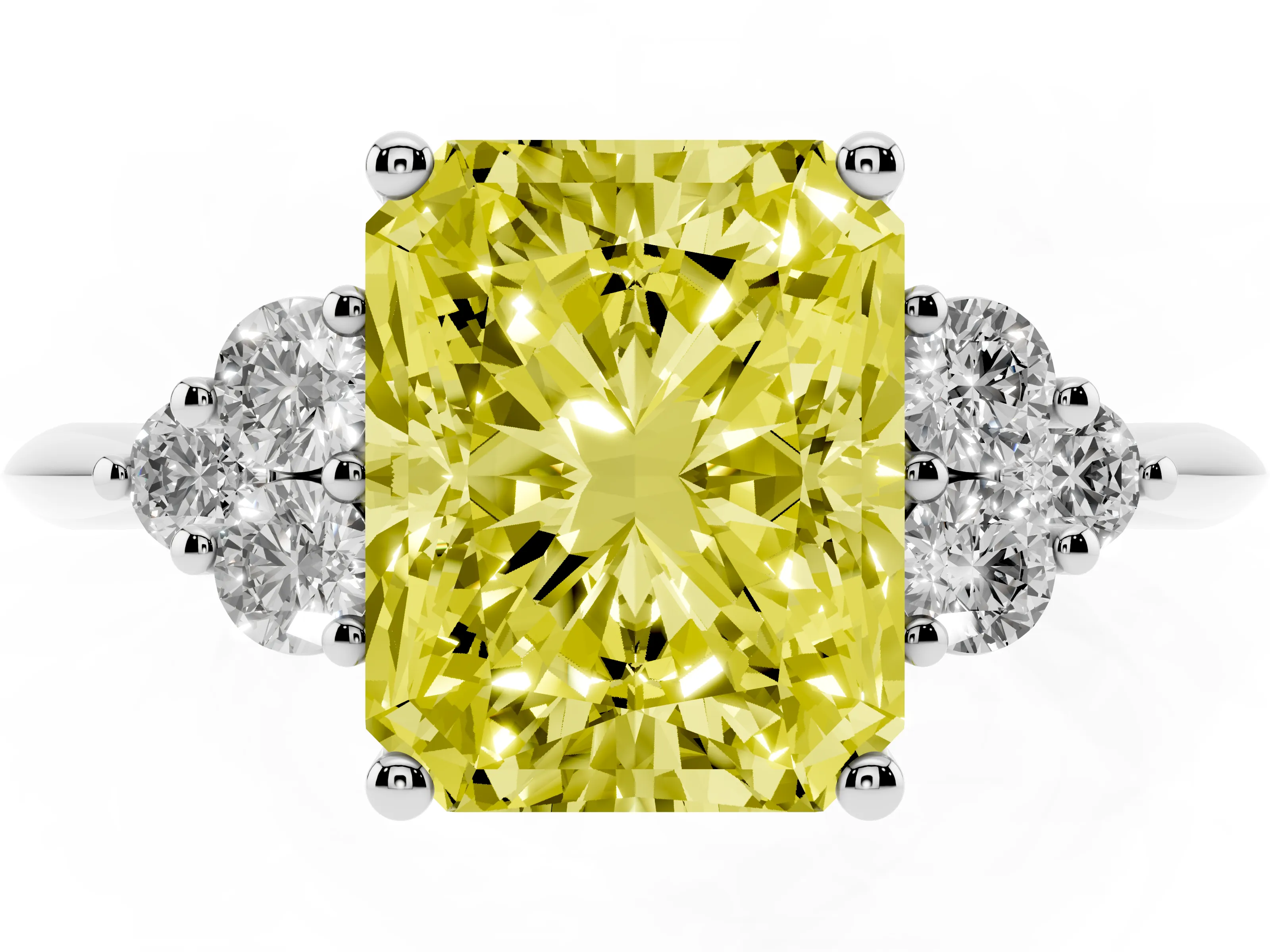 Fancy Yellow Radiant Cut Diamond Cluster Ring Set in White gold with Plain Band and Prong Setting