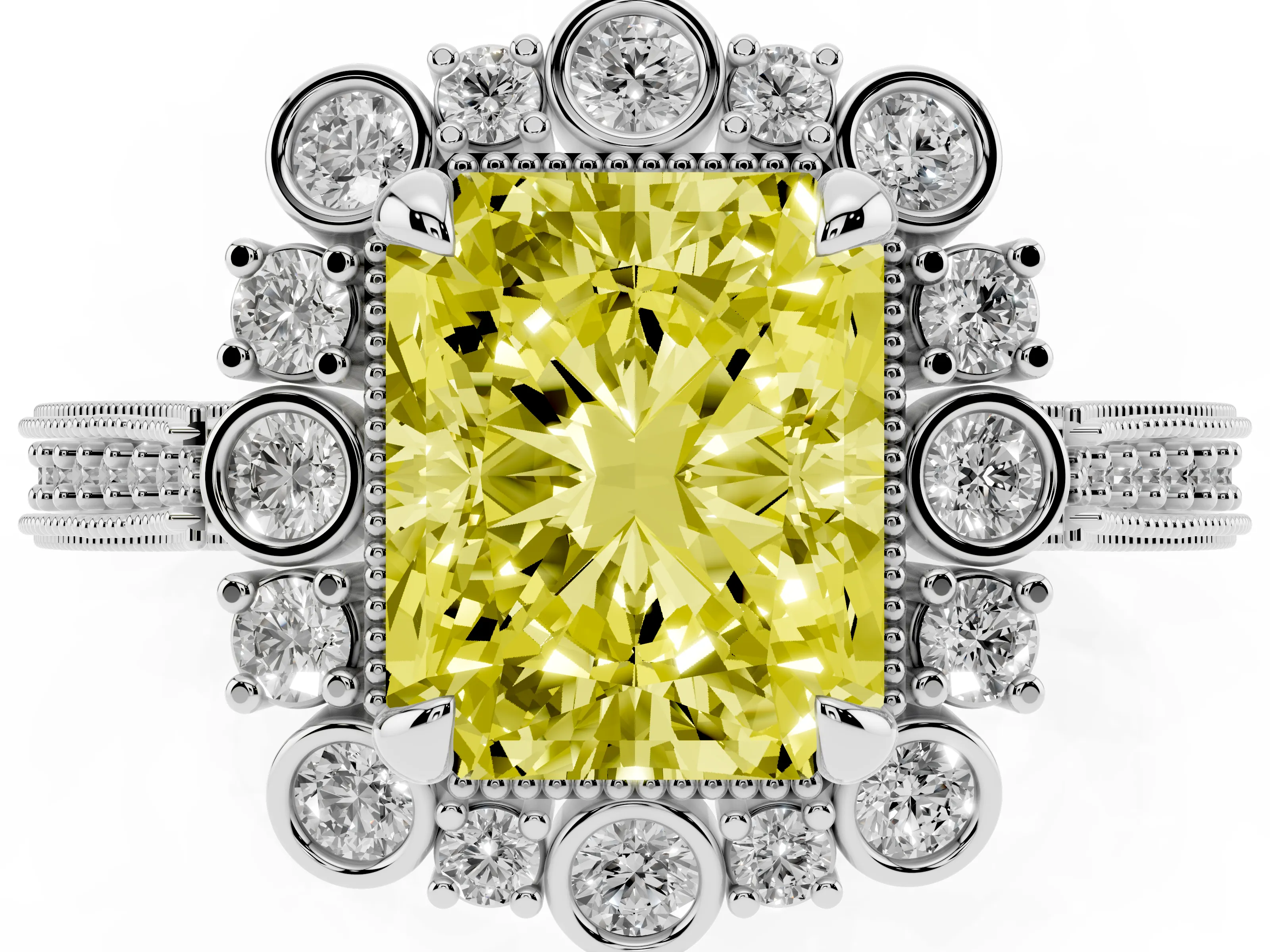 Fancy Yellow Radiant Cut Diamond Halo Milgrain Pavé Ring Set in Platinum with Prong Setting