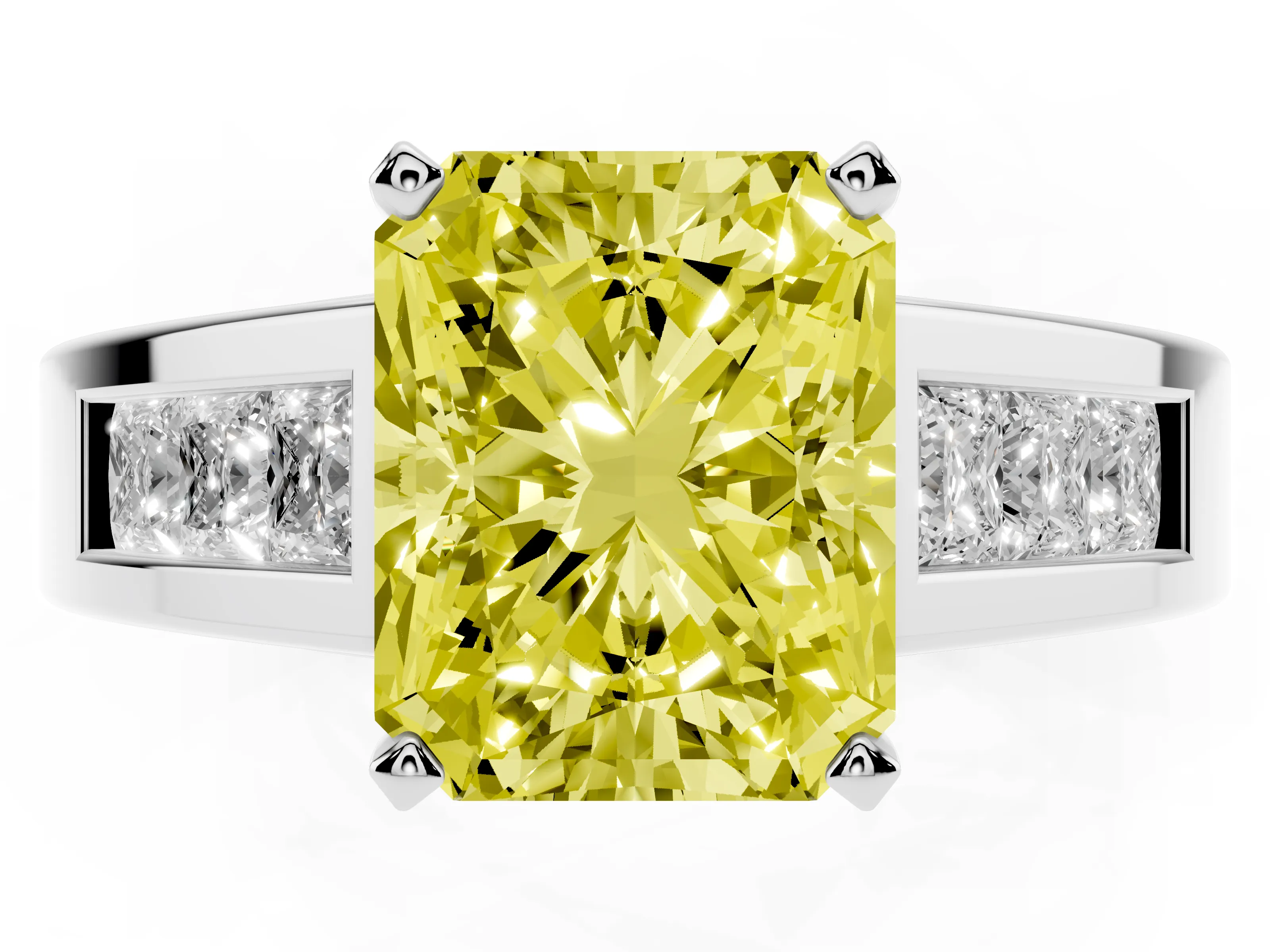 Fancy Yellow Radiant Cut Diamond Solitaire Ring Set in Silver with Channel-Set Accent Stones and Prong Setting