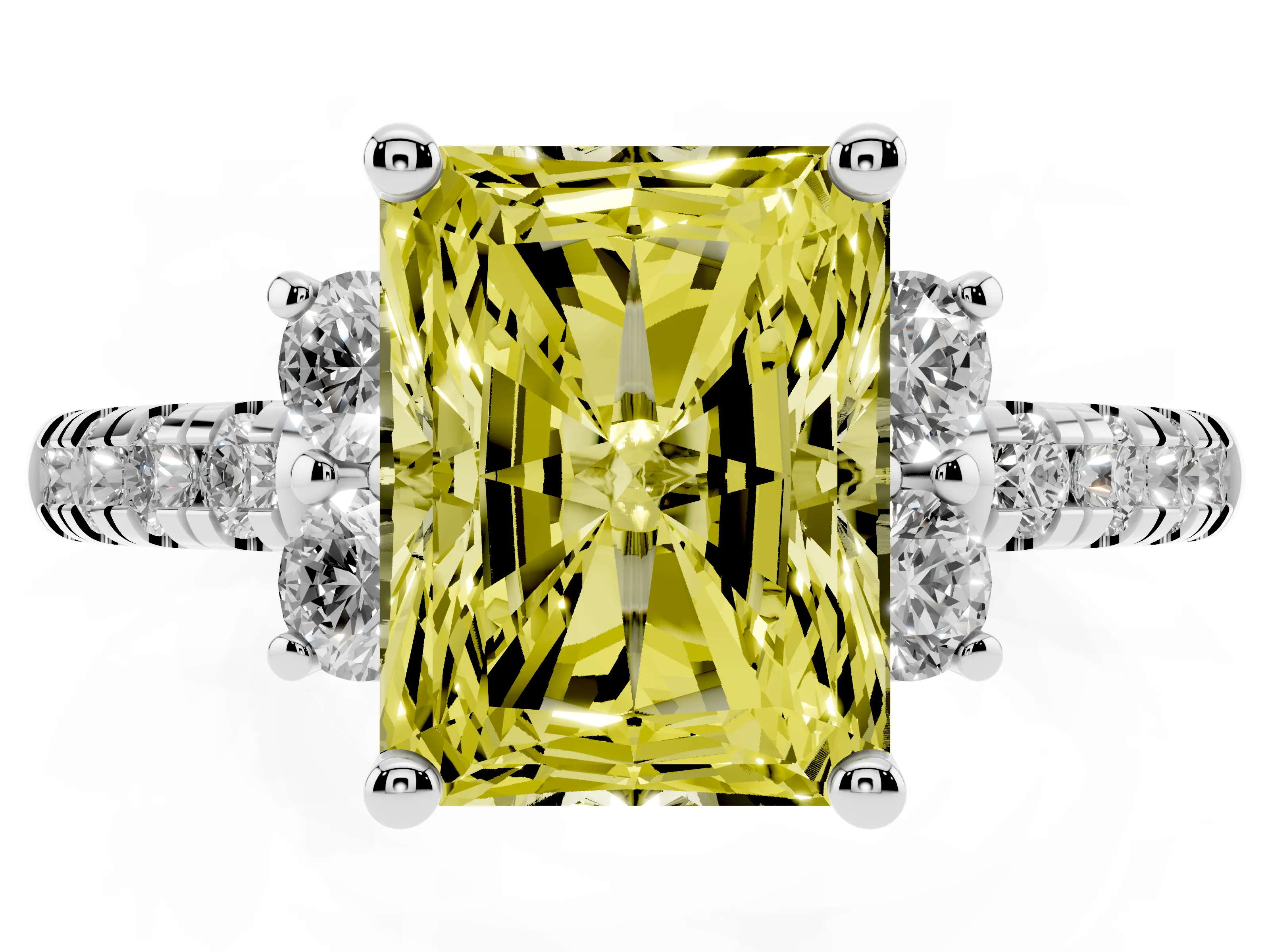Fancy Yellow Radiant Cut Diamond Three-Stone Pavé Ring Set in Silver with Prong Setting