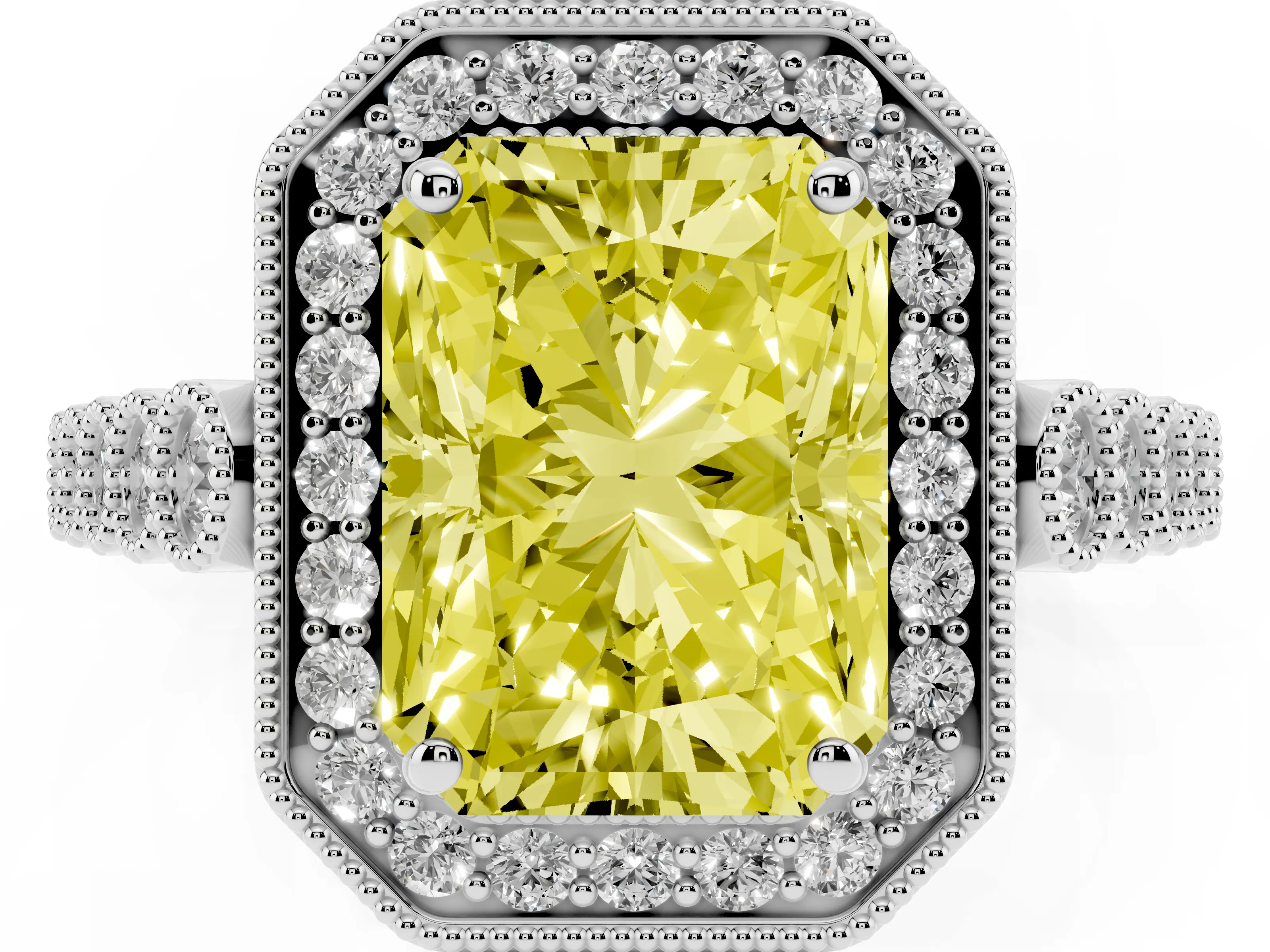 Fancy Yellow Radiant Cut Diamond Milgrain Halo Solitaire Ring Set in White gold with Bezel Set Side Stones and Pavé Band