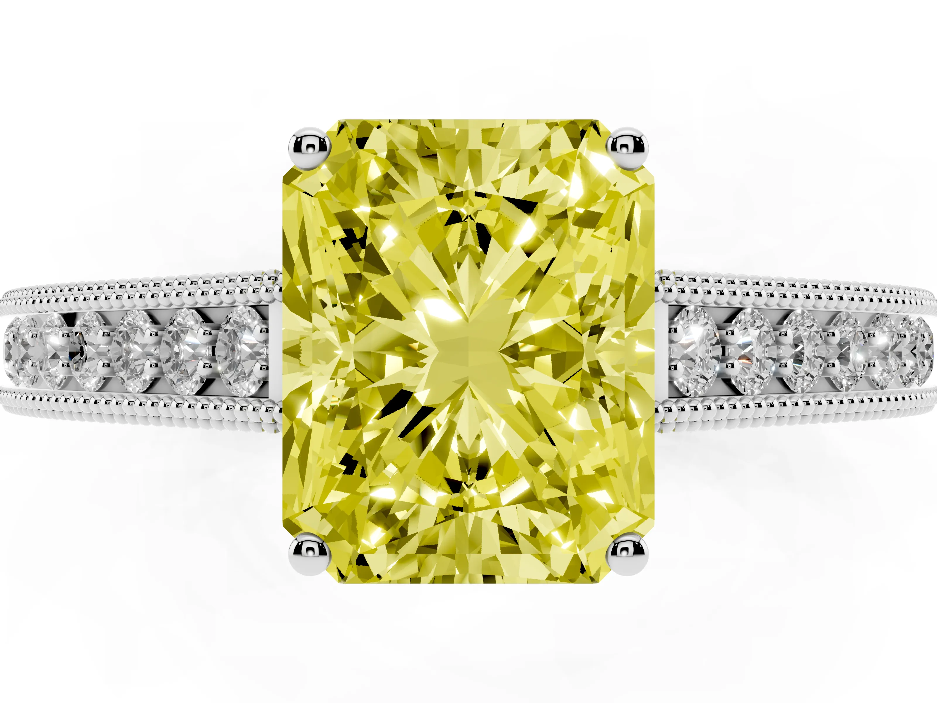 Fancy Yellow Radiant Cut Diamond Milgrain Pavé Band Solitaire Ring Set in Platinum with Prong Setting