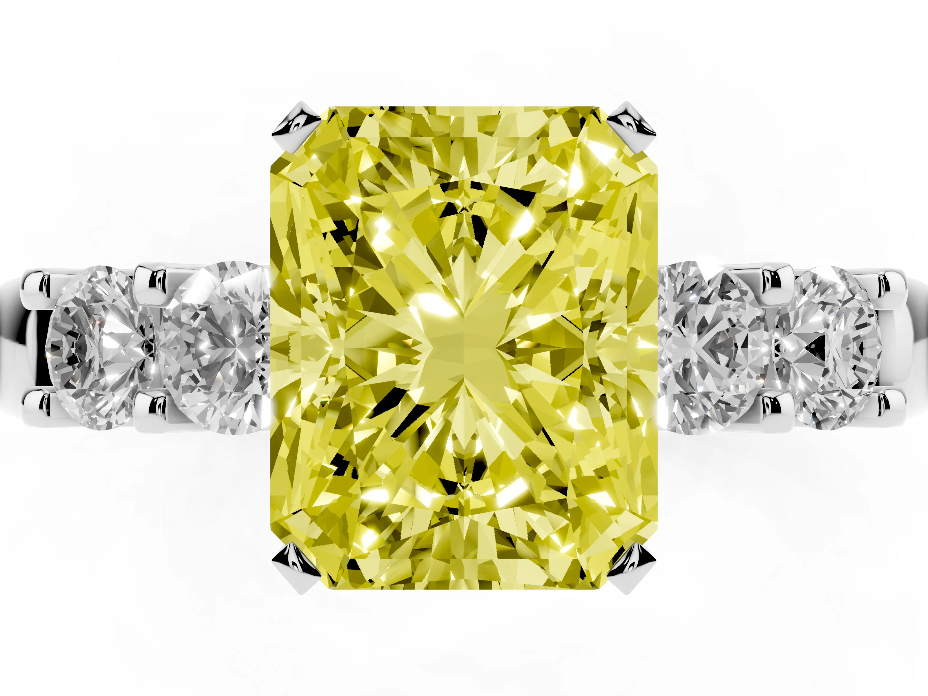 Fancy Yellow Radiant Cut Diamond Five-Stone Prong Set Engagement Ring Set in White gold with Channel Band