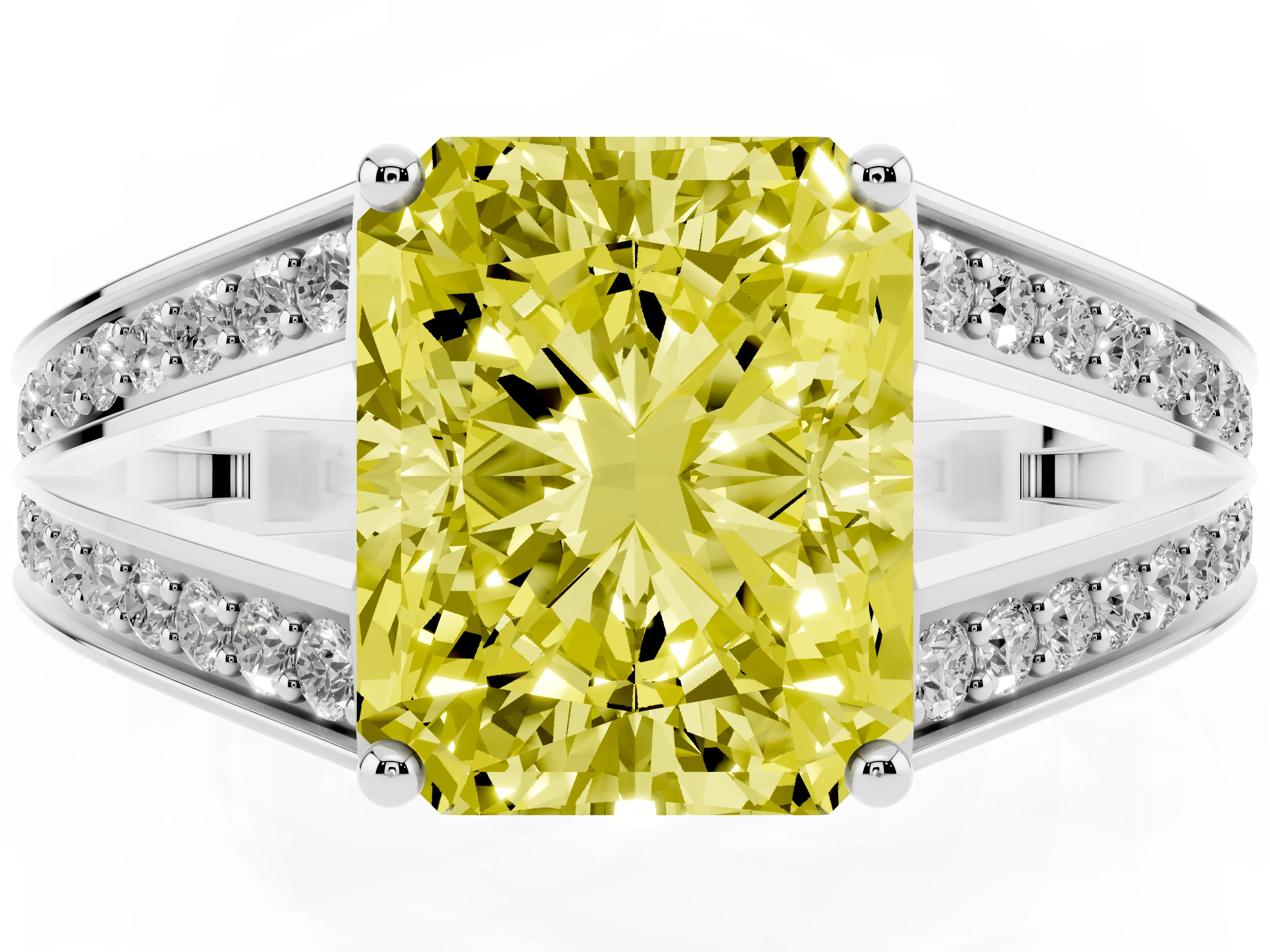 Fancy Yellow Radiant Cut Diamond Split Shank Ring Set in Platinum with Pavé Band and Prong Setting