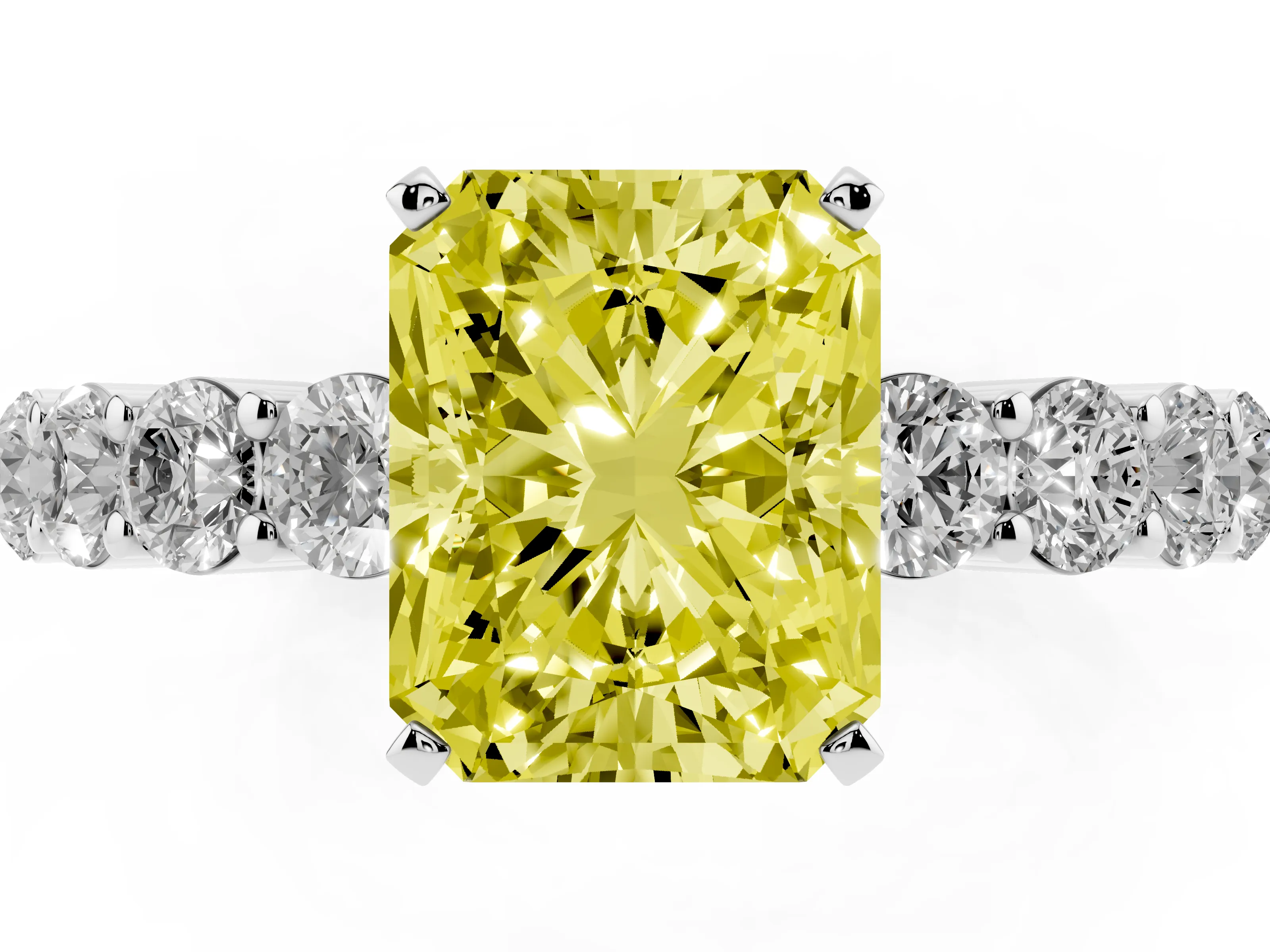 Fancy Yellow Radiant Cut Diamond Solitaire Ring Set in Platinum with Shared Prong Round Side Stones