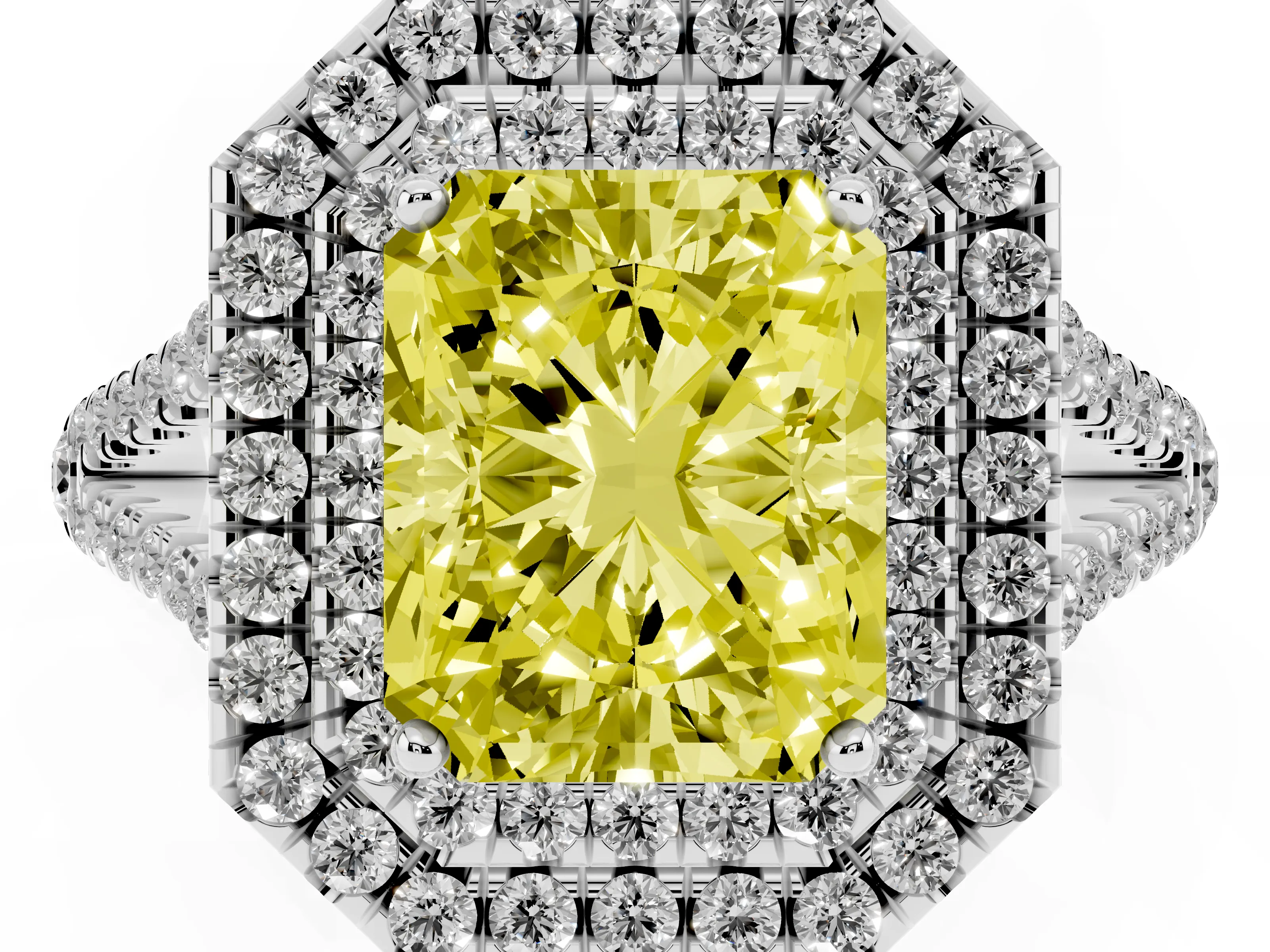 Fancy Yellow Radiant Cut Diamond Double Halo Ring Set in White gold with Pavé Band