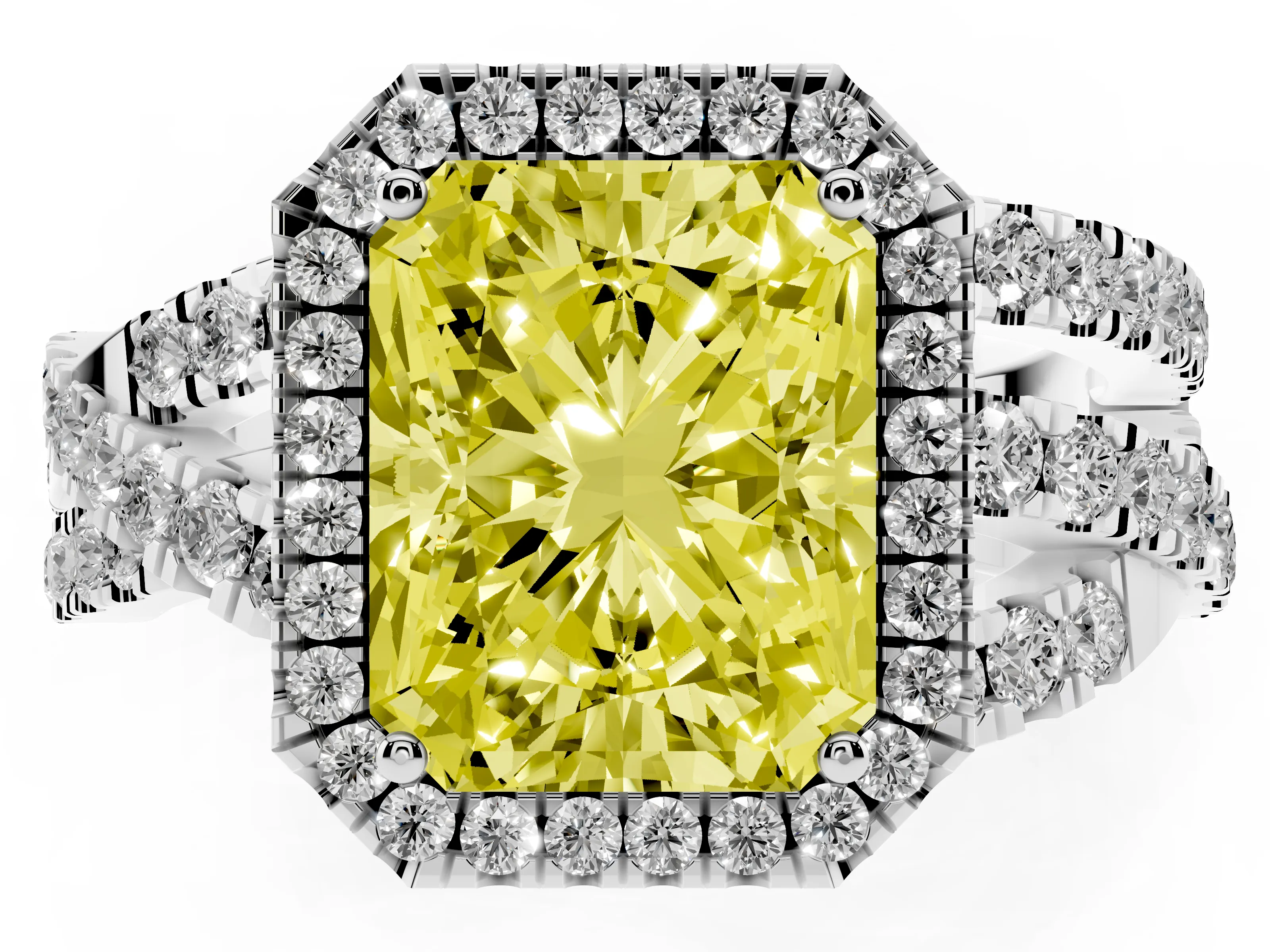 Fancy Yellow Radiant Cut Diamond Halo Ring Set in Platinum with Round Crossover Split Shank and Prong Setting