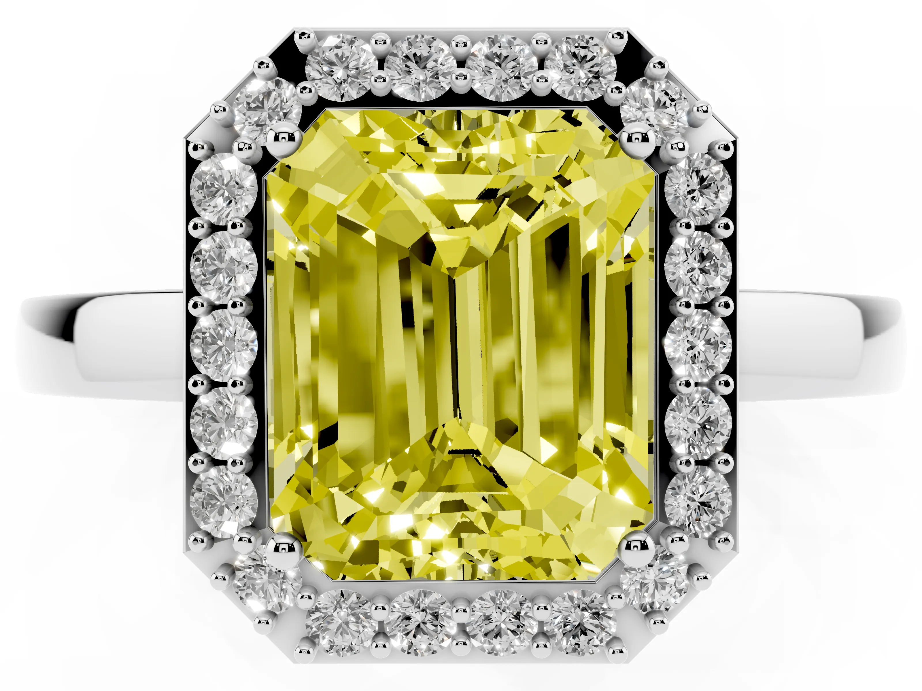 Fancy Yellow Radiant Cut Diamond Halo Ring Set in White gold with Solitaire Band and Prong Setting