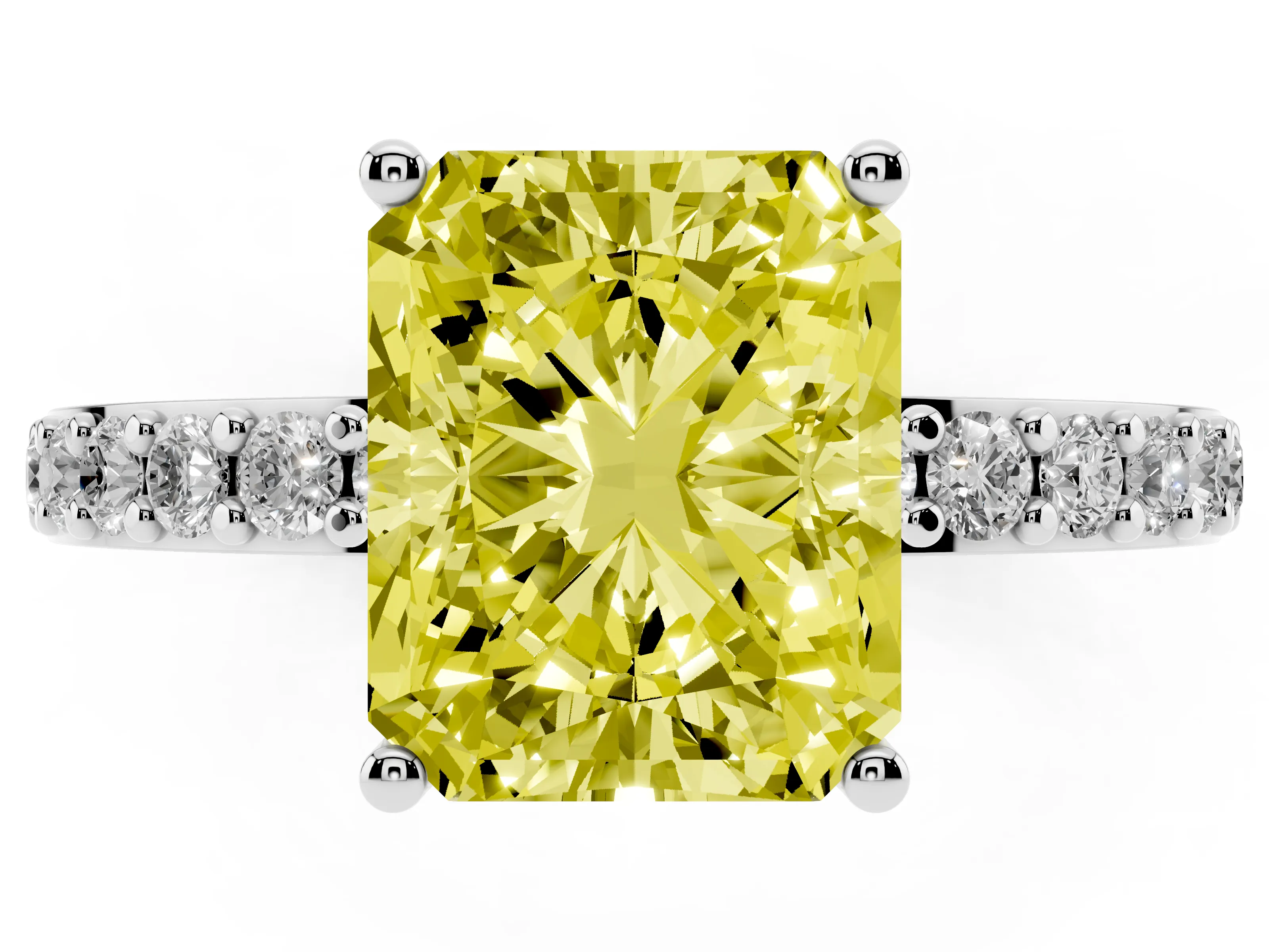 Fancy Yellow Radiant Cut Diamond Solitaire Set in White gold with Round Pavé Band and Prong Setting