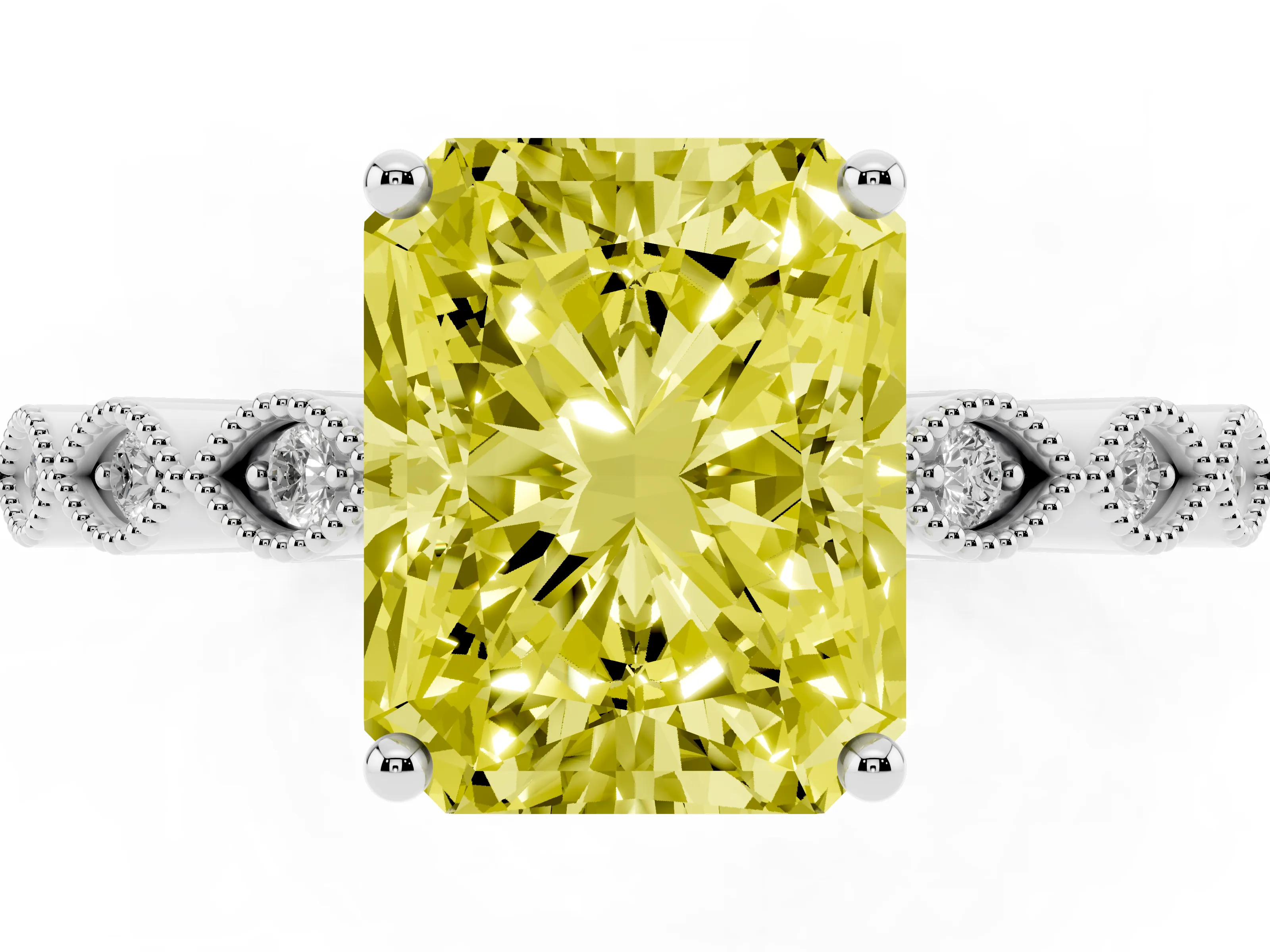 Fancy Yellow Radiant Cut Diamond Solitaire Ring Set in Platinum with Infinity Twist Pavé Band