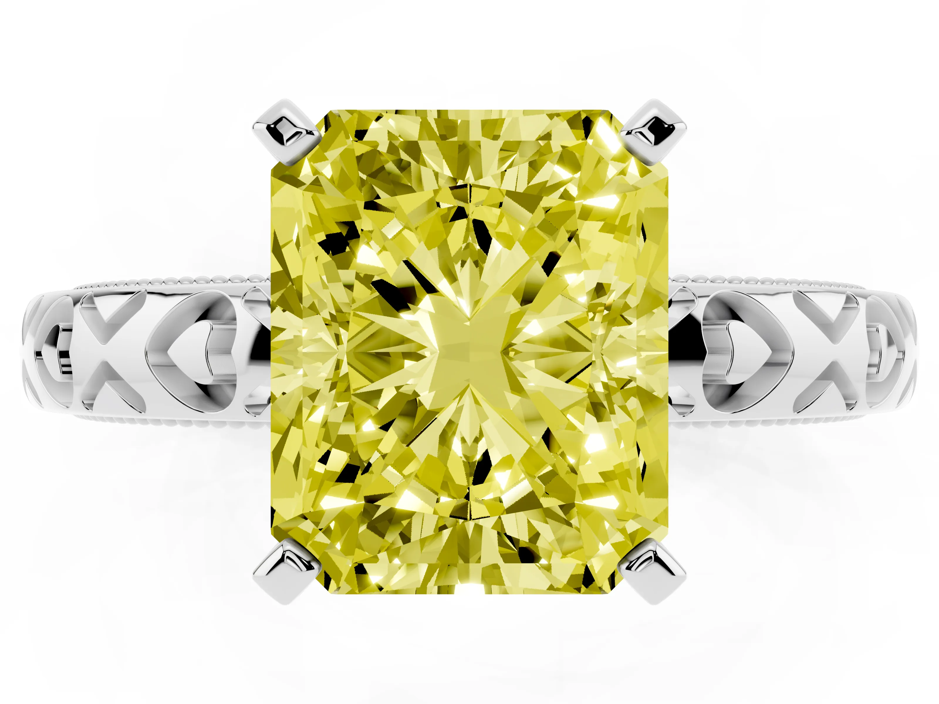 Fancy Yellow Radiant Cut Diamond Solitaire Engagement Ring Set in White gold with XO Engraved Band and Prong Setting