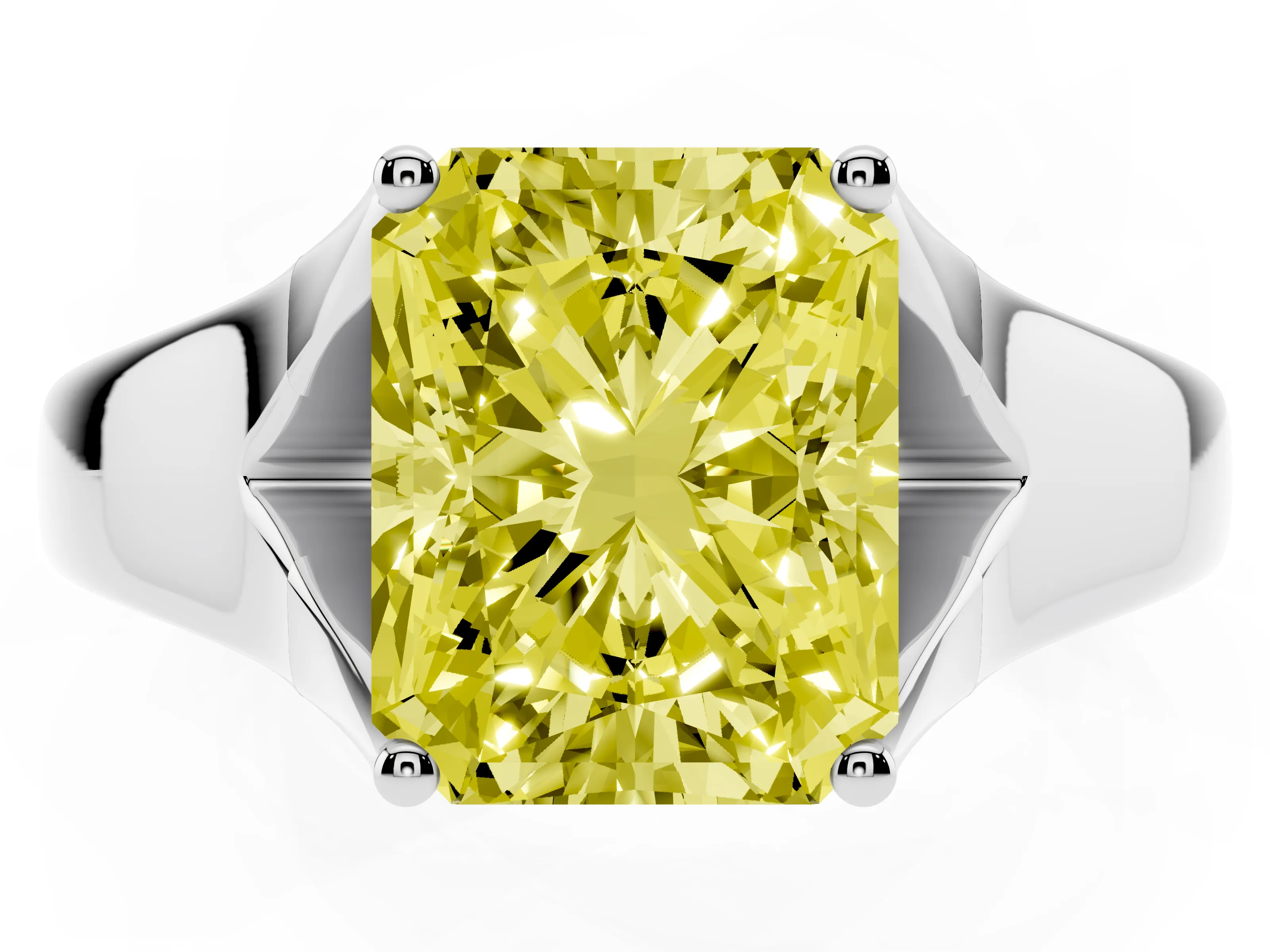 Fancy Yellow Radiant Cut Diamond Solitaire Ring Set in Silver with Arched Cathedral Band and Prong Setting