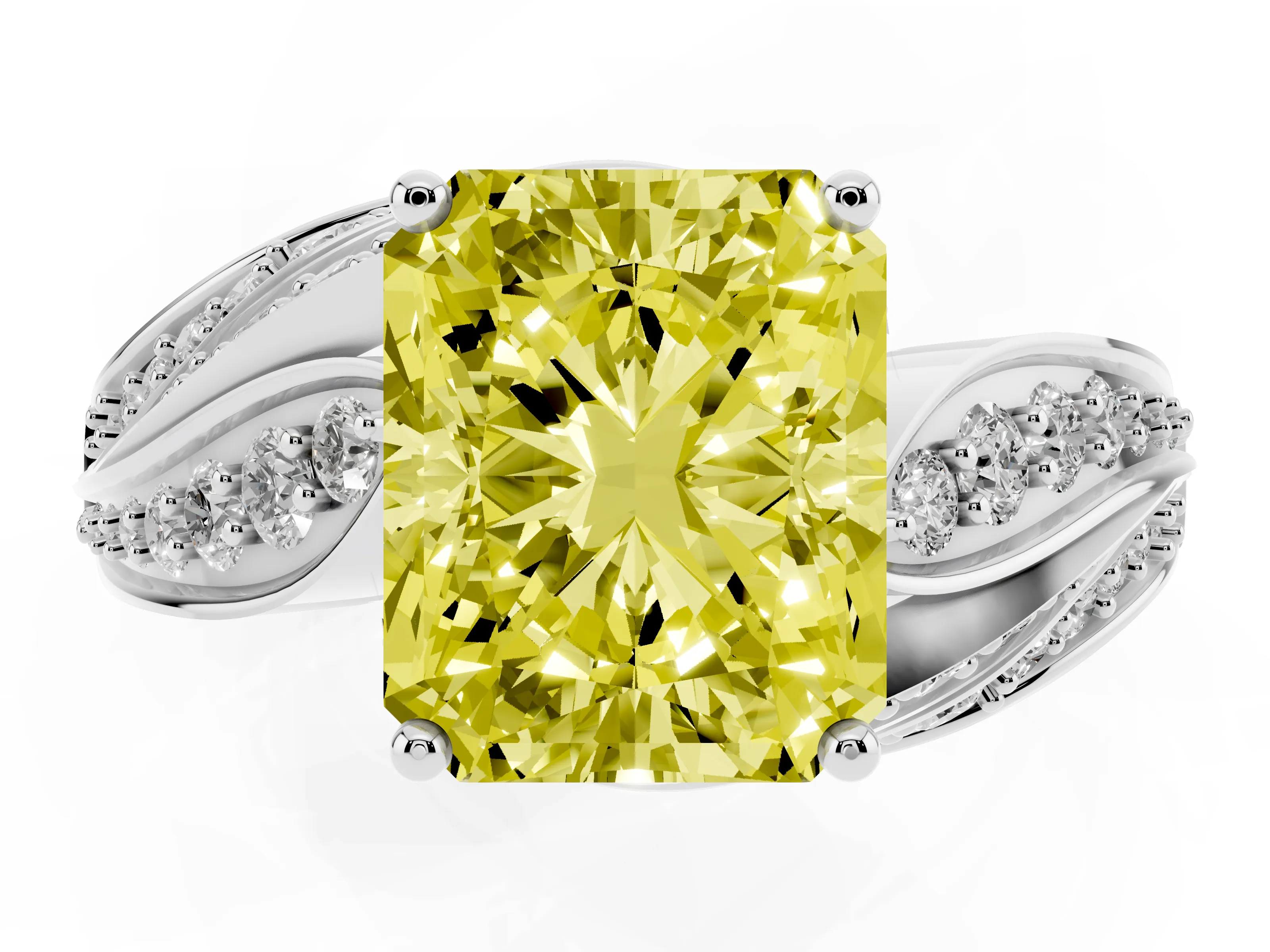 Fancy Yellow Radiant Cut Diamond Solitaire Ring Set in Platinum with Layered Twist Pavé Band