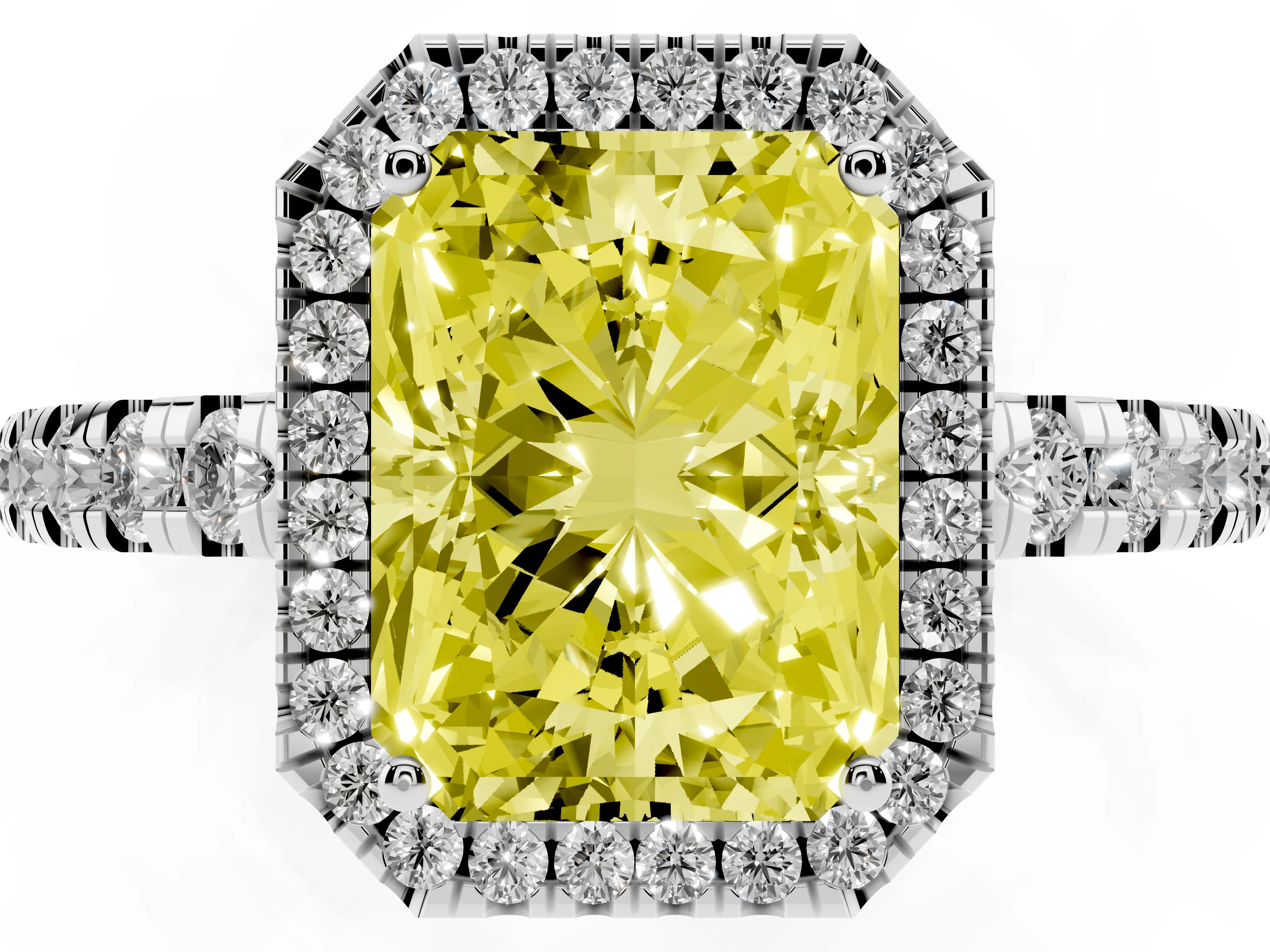 Fancy Yellow Radiant Cut Diamond Halo Ring Set in White gold with Delicate Pavé Band and Prong Setting