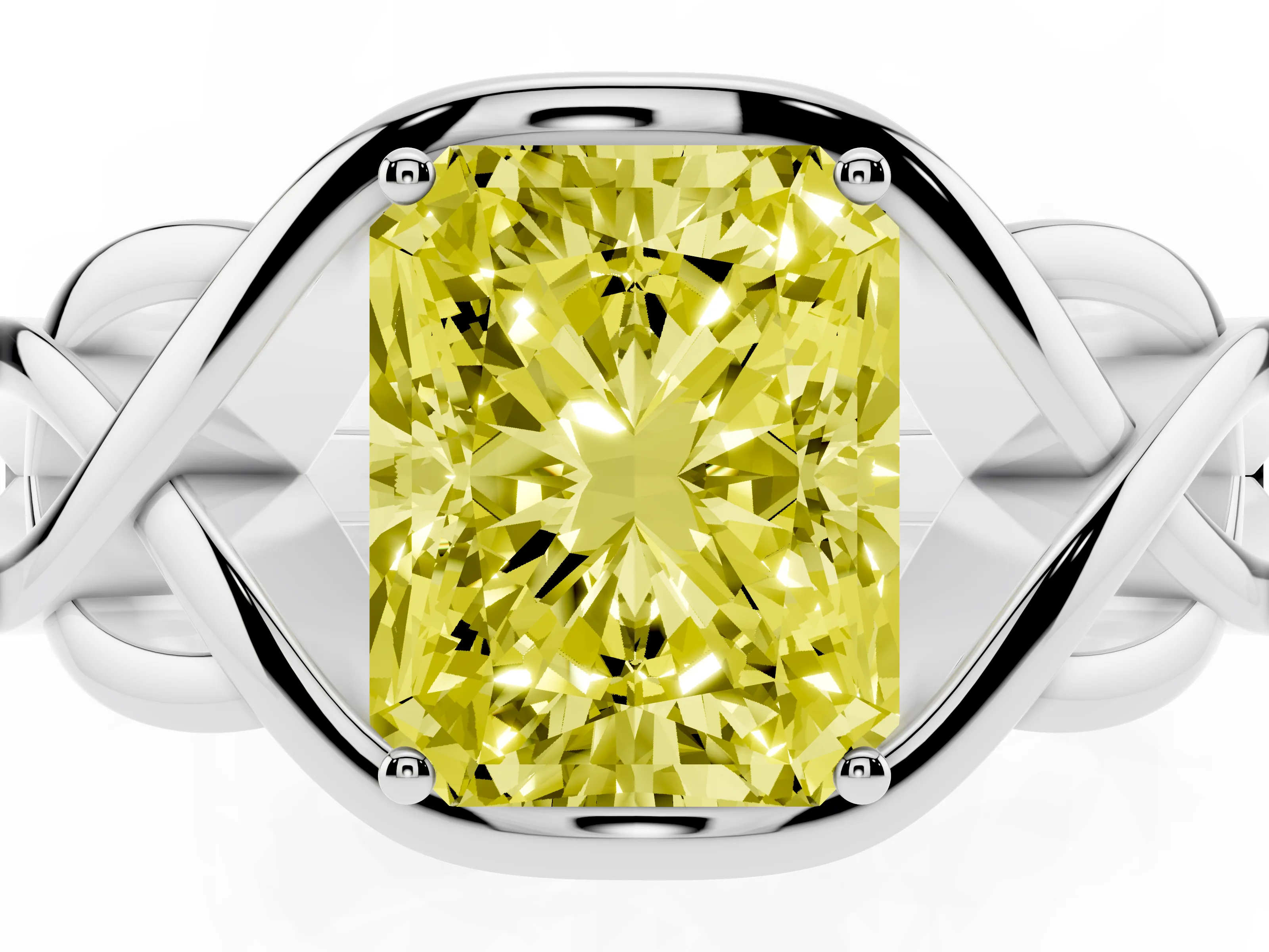 Fancy Yellow Radiant Cut Diamond Solitaire Ring Set in Silver with Intertwined Band
