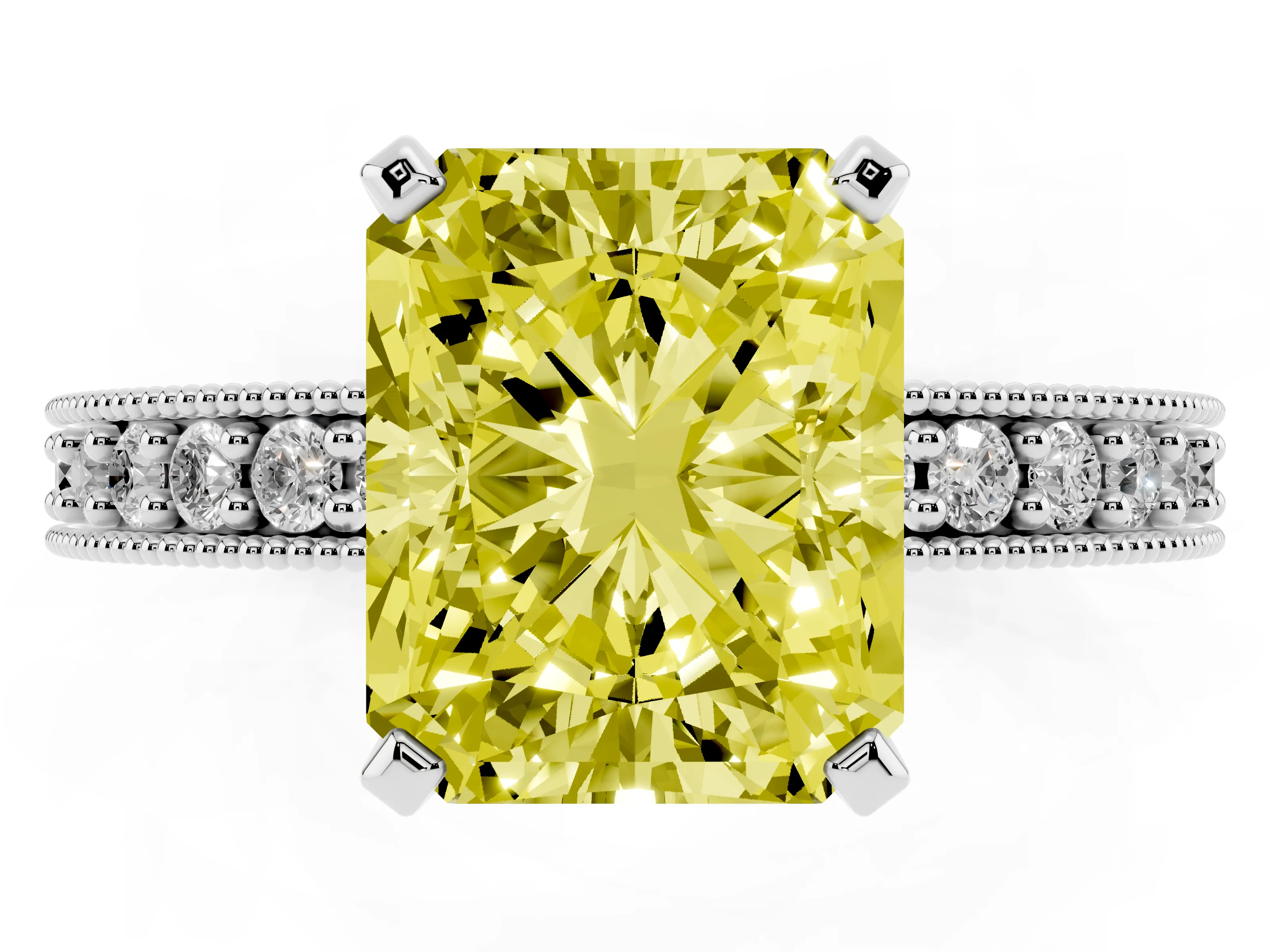 Fancy Yellow Radiant Cut Diamond Milgrain Pavé Engagement Ring Set in Silver with Prong Setting
