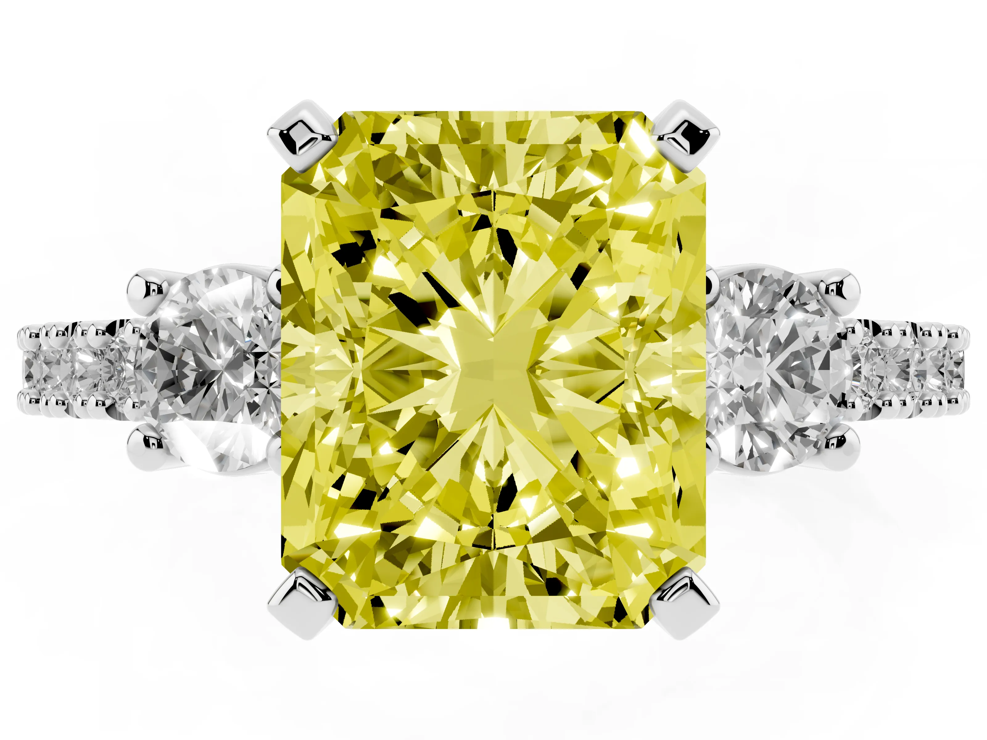 Fancy Yellow Three-Stone Radiant Cut Diamond Pavé Band Ring Set in Platinum with Prong Setting