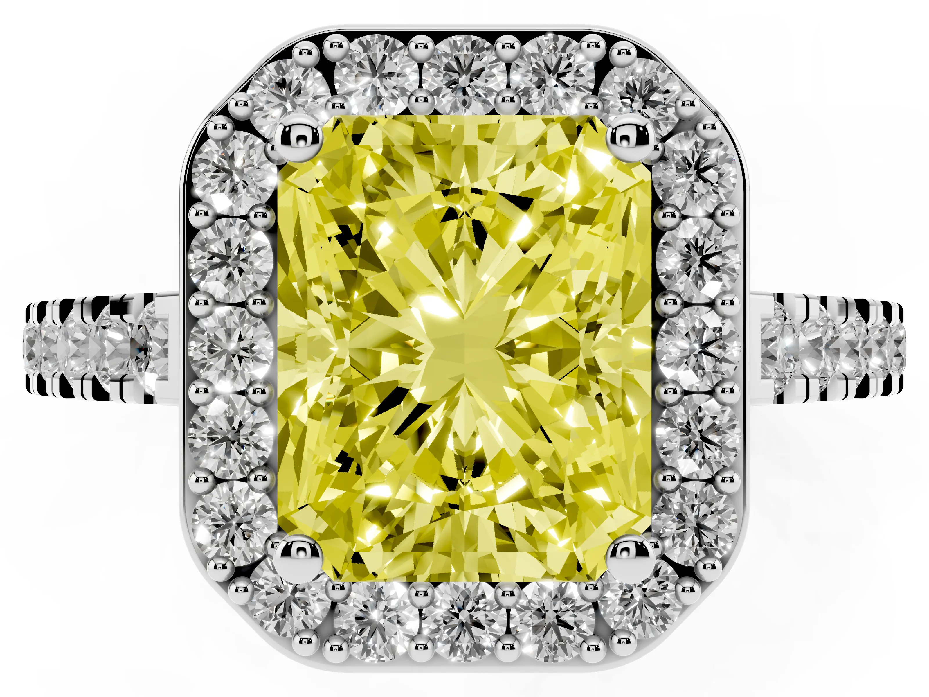 Fancy Yellow Radiant Cut Diamond Halo Ring Set in White gold with Round Pavé Split Shank and Prong Setting