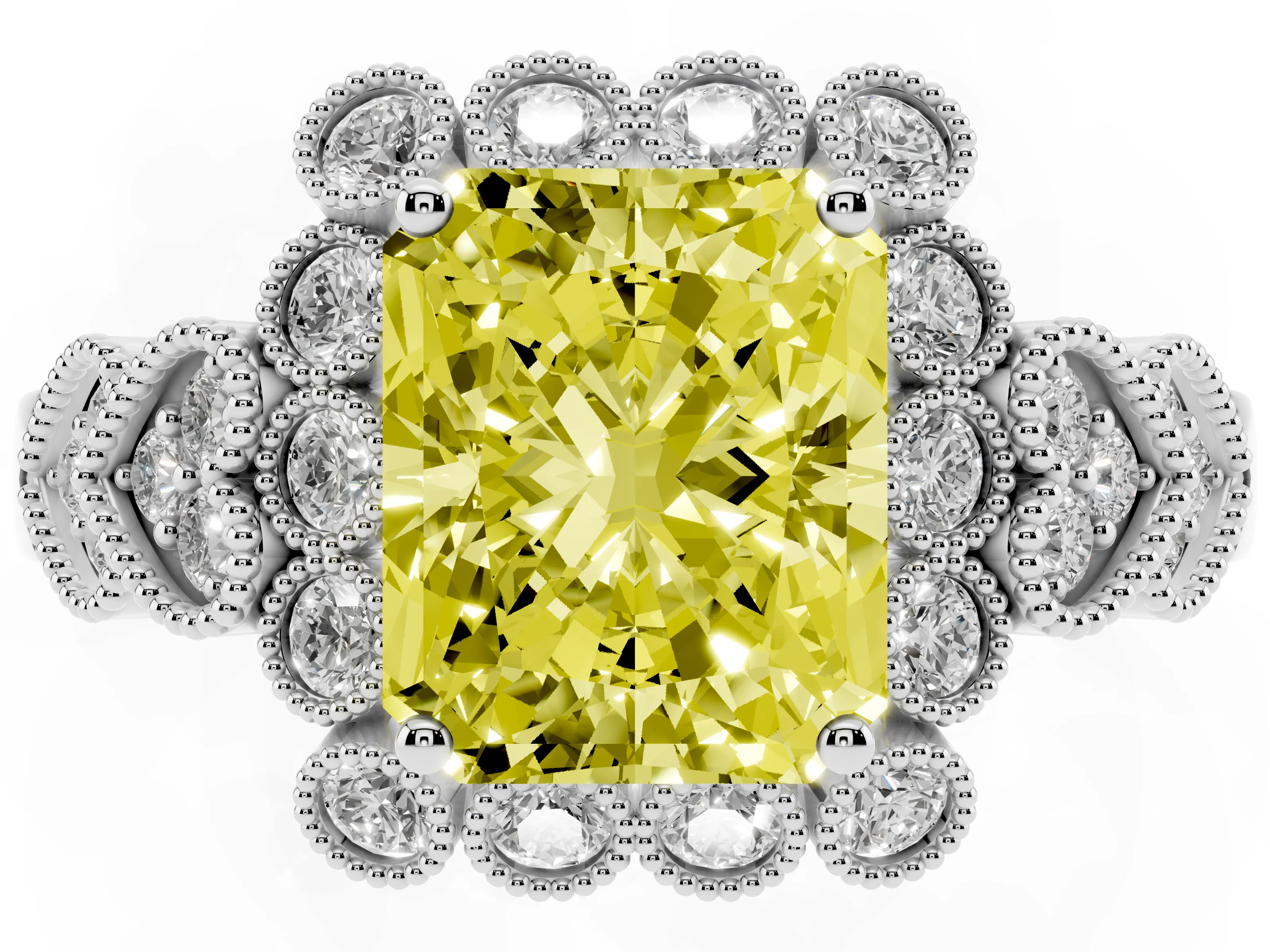 Fancy Yellow Radiant Cut Diamond Solitaire Ring Set in Platinum with Milgrain Pavé Heart Band