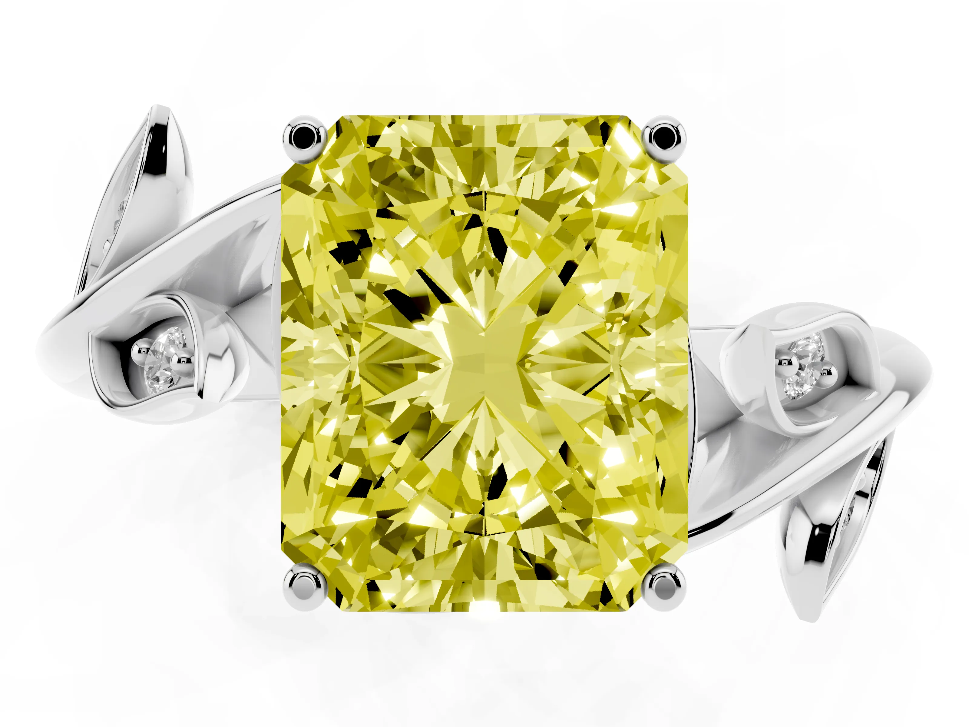 Fancy Yellow Radiant Cut Diamond Solitaire Twist Engagement Ring Set in Platinum with Pavé Leaf Accents