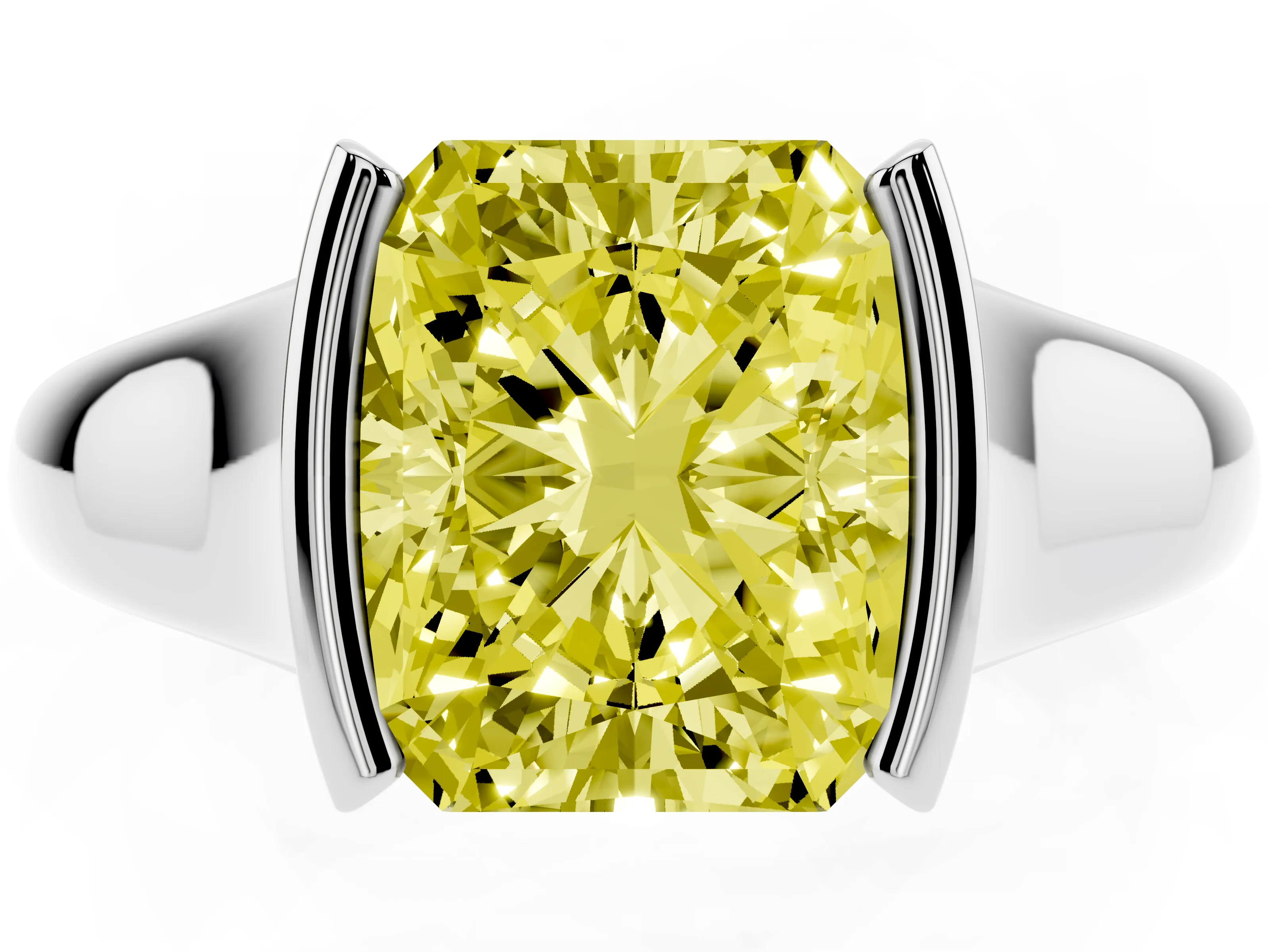 Fancy Yellow Radiant Cut Diamond Solitaire Tension Set Ring Set in White gold with Split Shank Band