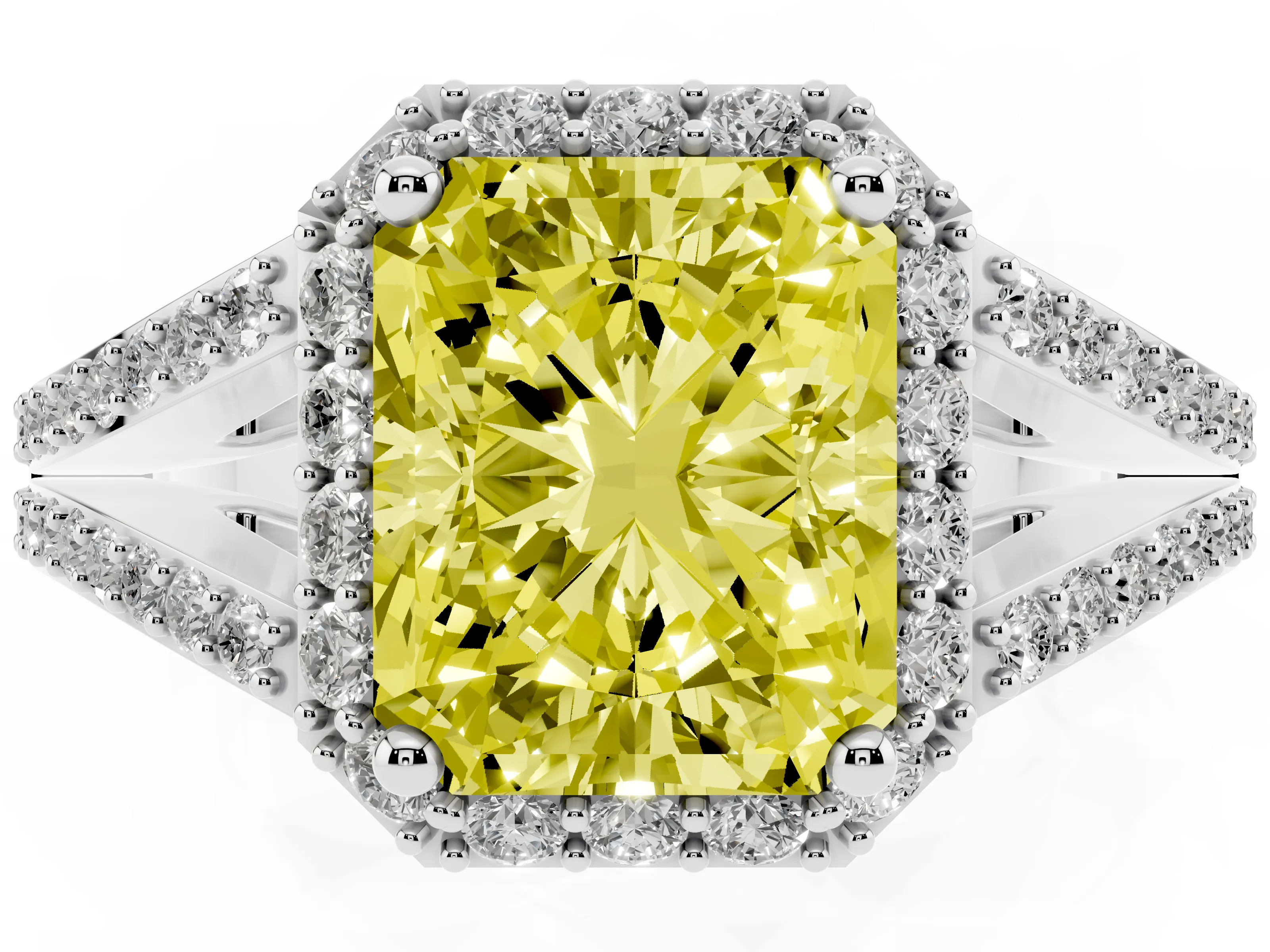 Fancy Yellow Radiant Cut Diamond Halo Split Shank Pavé Ring Set in Silver with Prong Setting