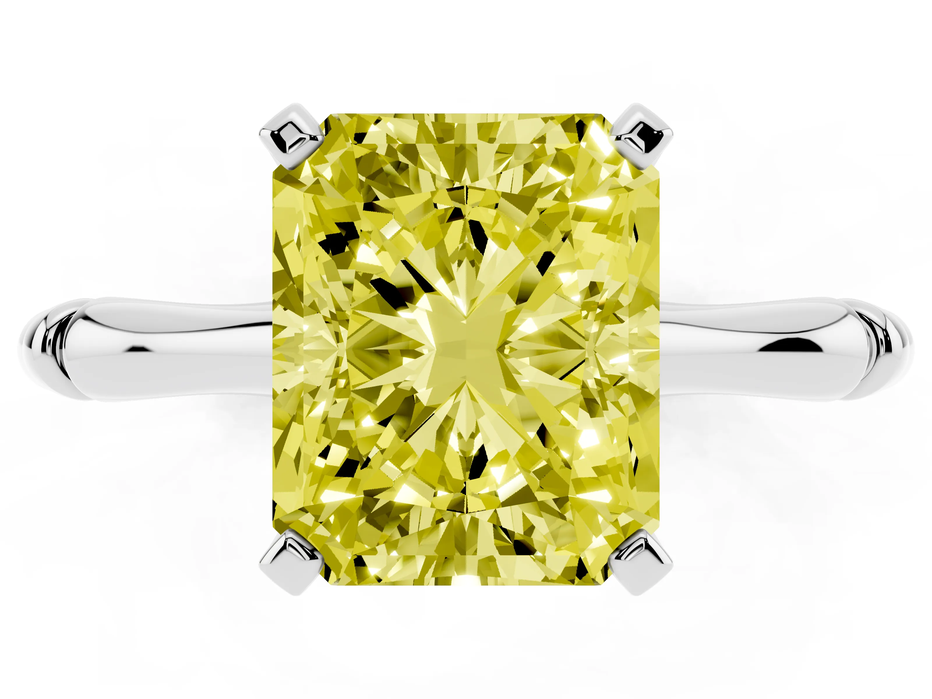 Fancy Yellow Radiant Cut Diamond Solitaire Ring Set in Silver with Bamboo Band and Prong Setting