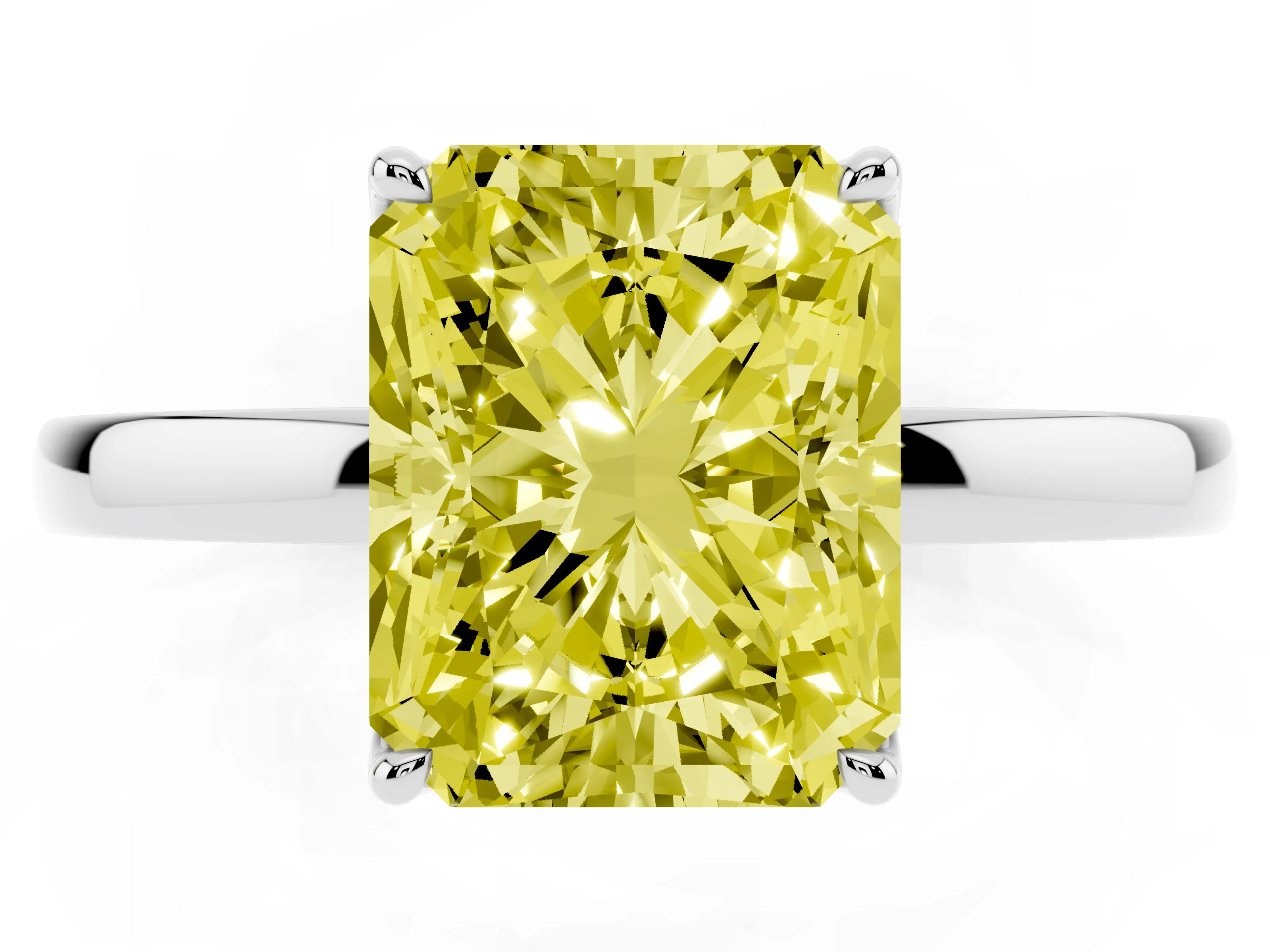 Fancy Yellow Radiant Cut Diamond Solitaire Ring Set in White gold with Prong Setting and Thin Polished Band