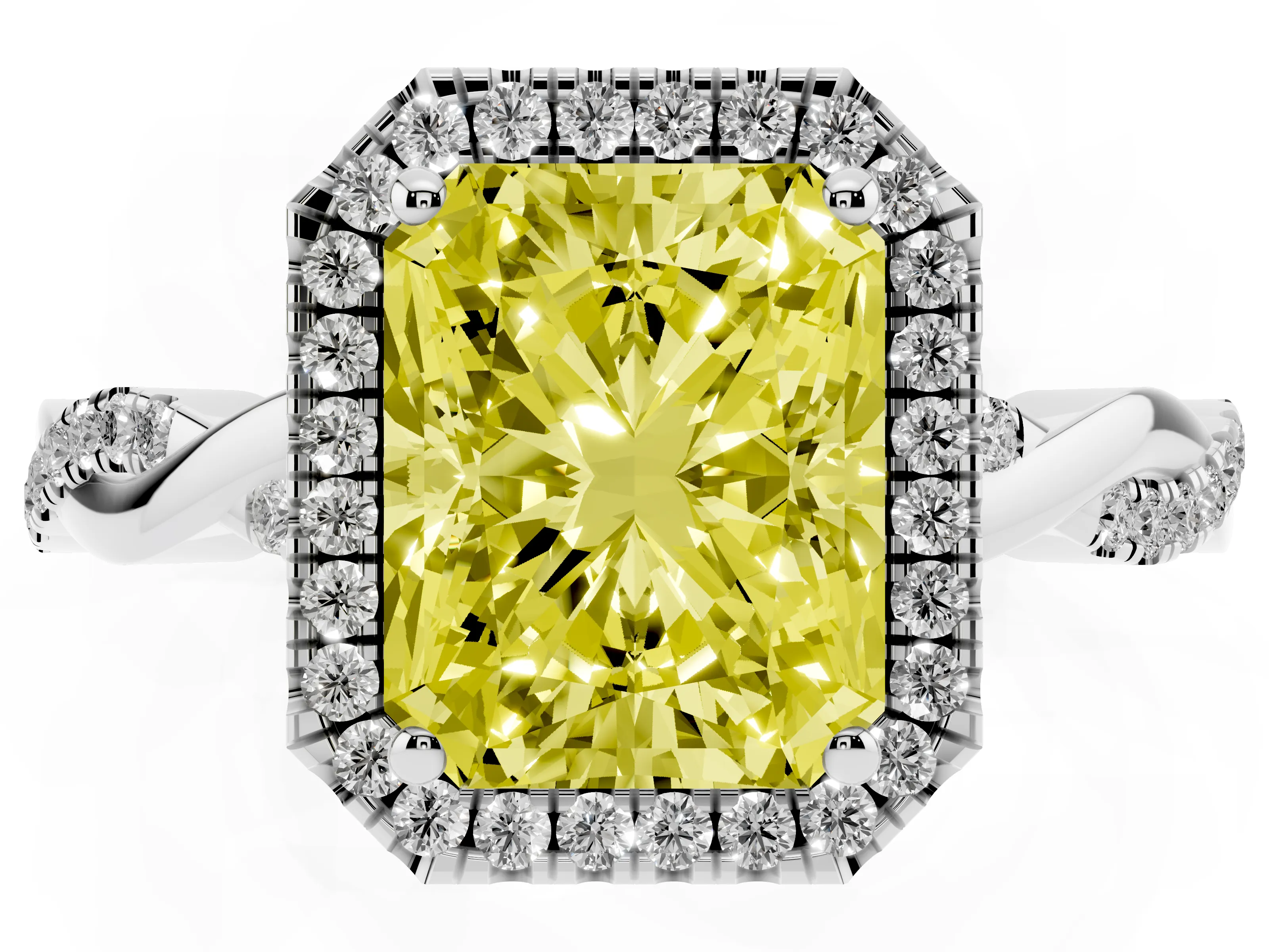 Fancy Yellow Radiant Cut Diamond Halo Twisted Band Ring Set in White gold with Prong Setting