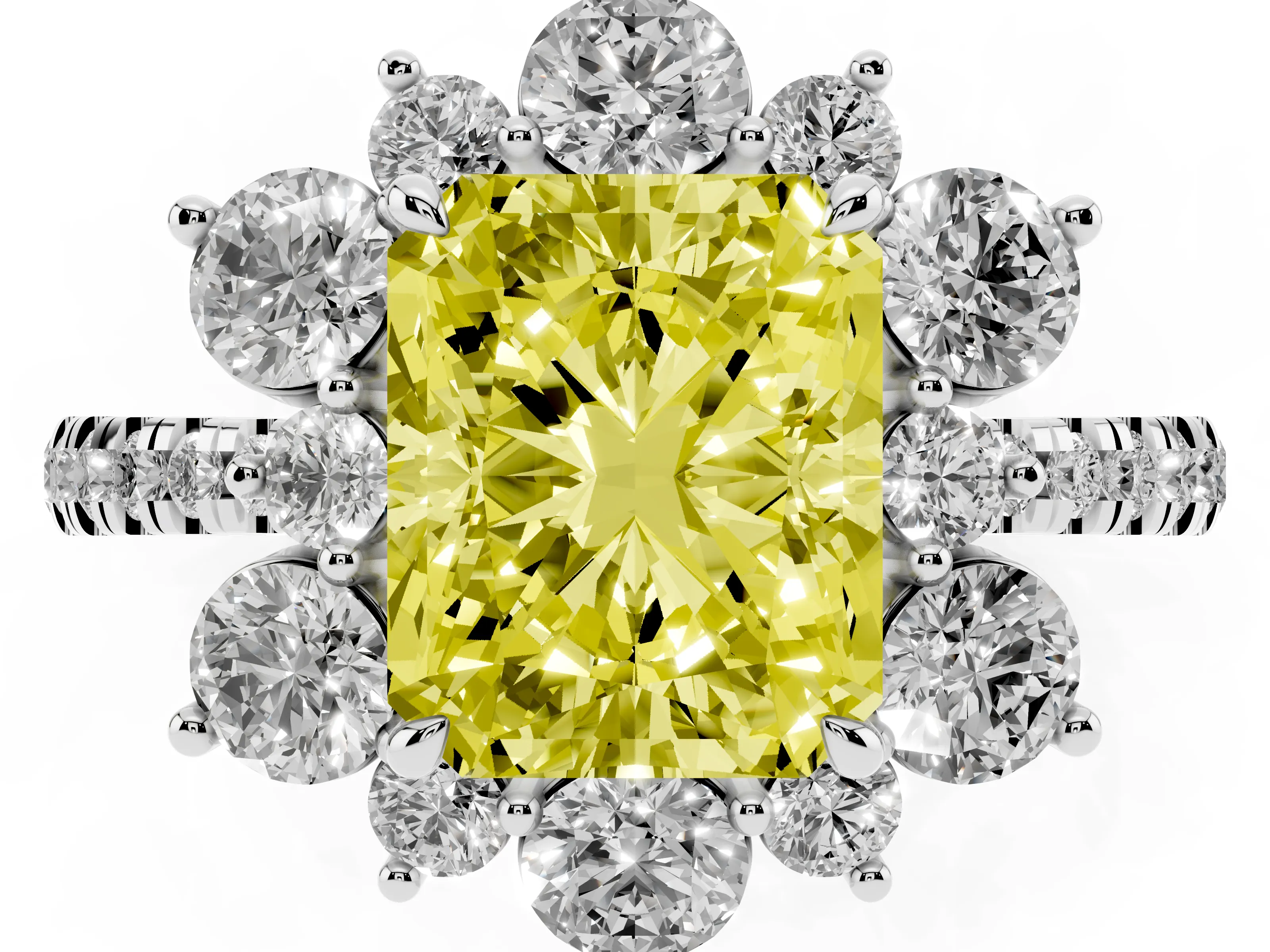 Fancy Yellow Radiant Cut Diamond Floral Halo Ring Set in White gold with Round Pavé Band and Prong Setting