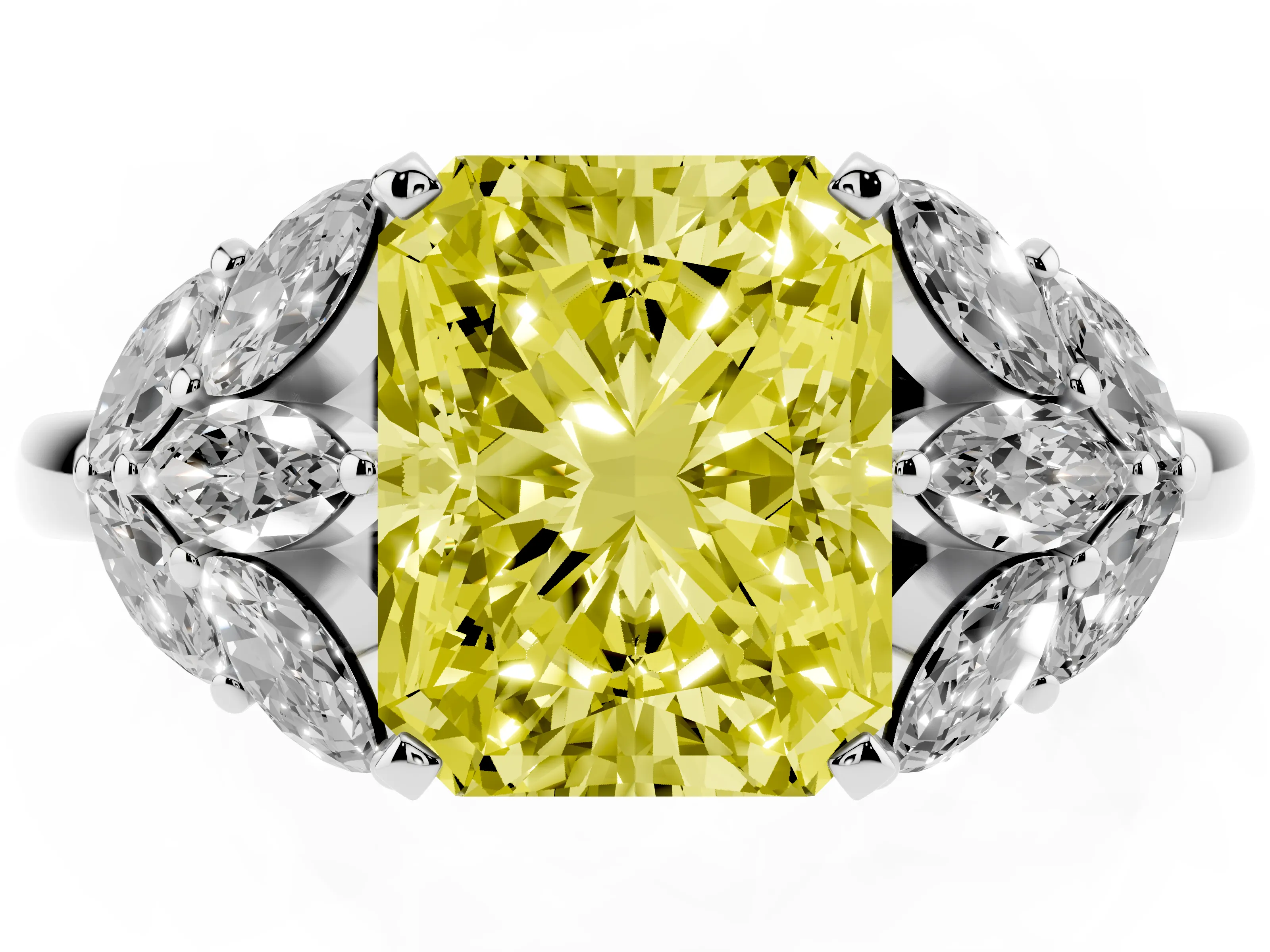 Fancy Yellow Radiant Cut Diamond Cluster Leaf Design Ring Set in White gold with Prong Setting