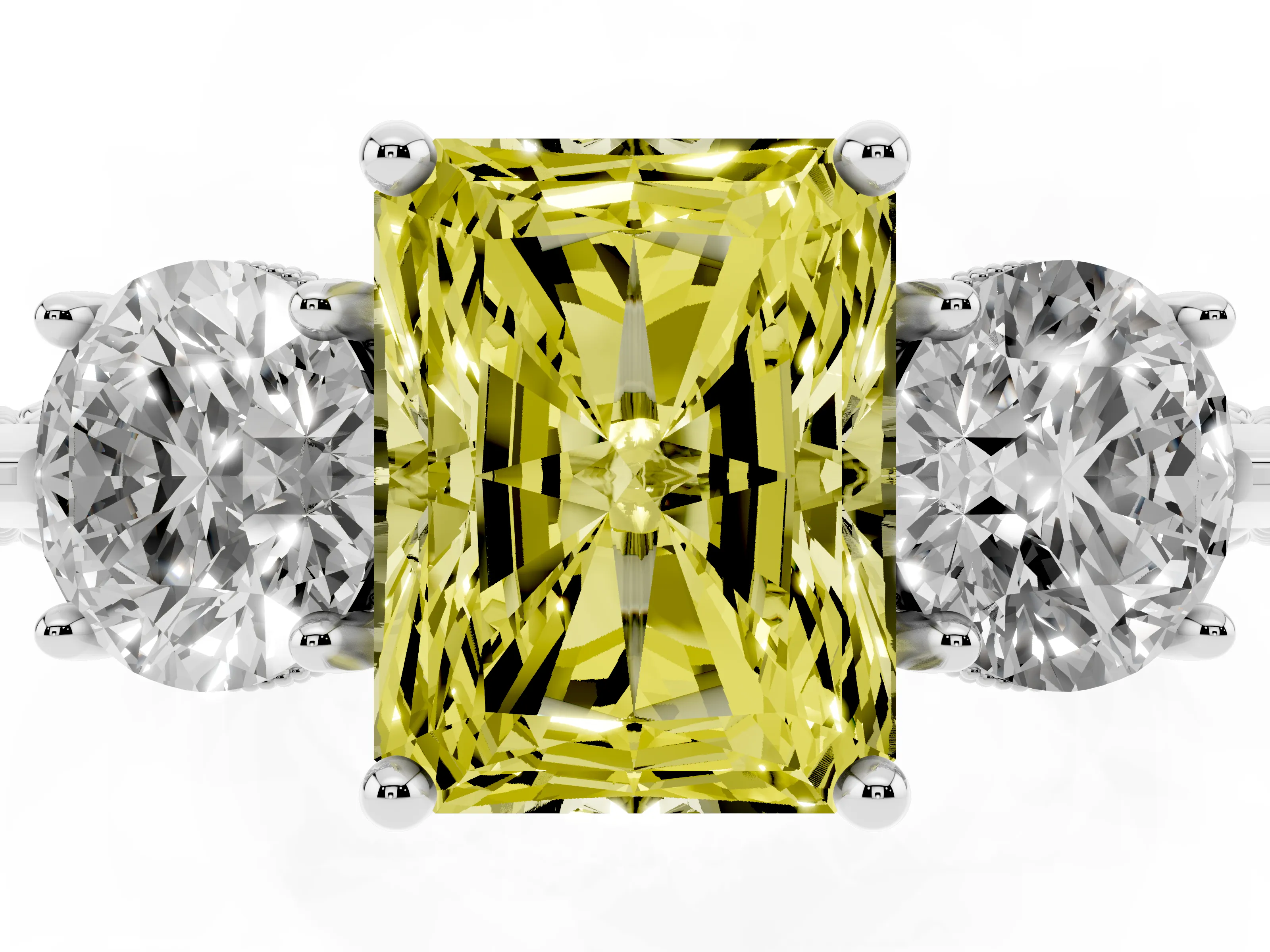 Fancy Yellow Radiant Cut Diamond Three-Stone Ring Set in Silver with Milgrain Band