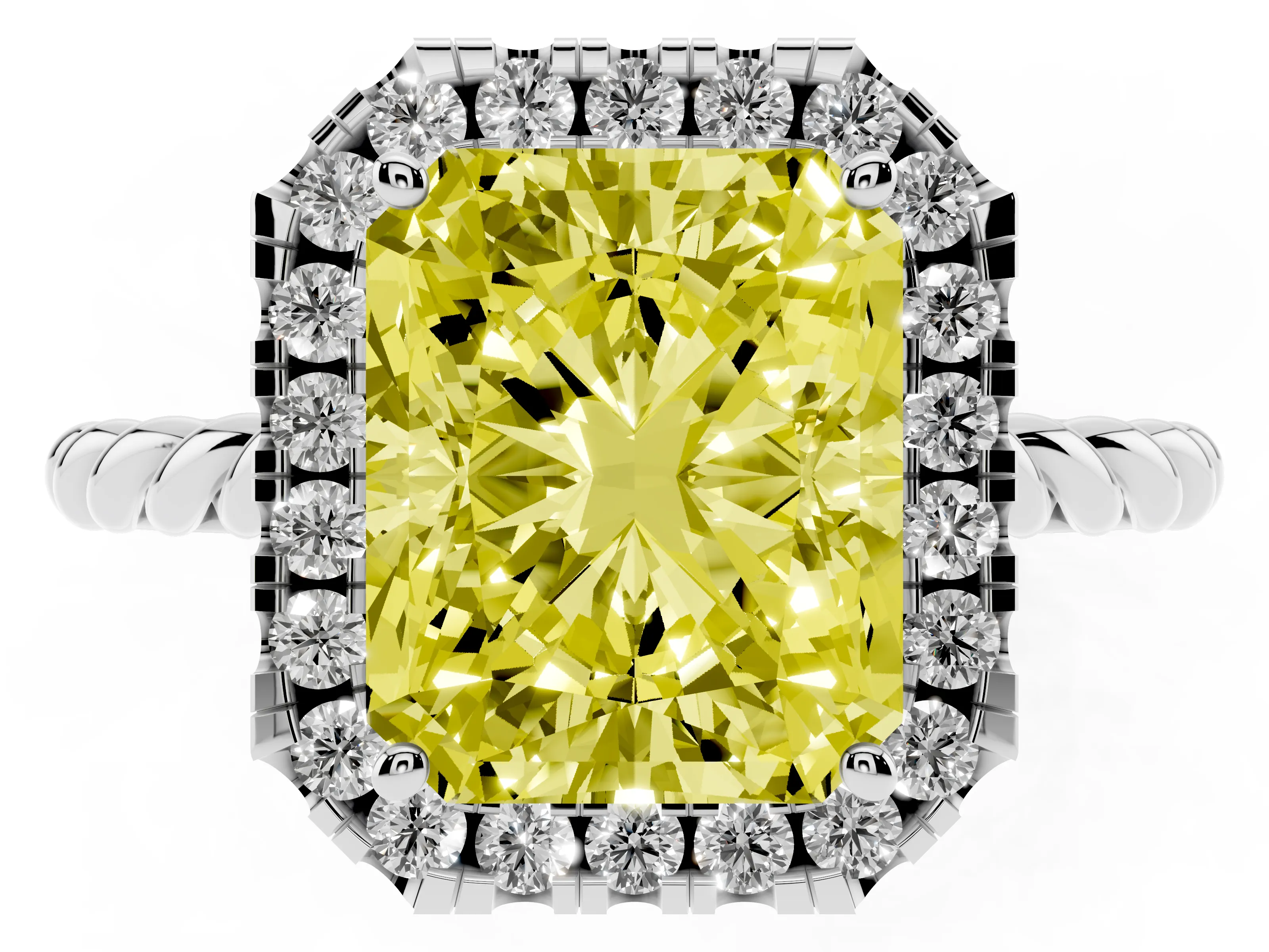 Fancy Yellow Radiant Cut Diamond Halo Ring Set in Platinum with Plain Twisted Band