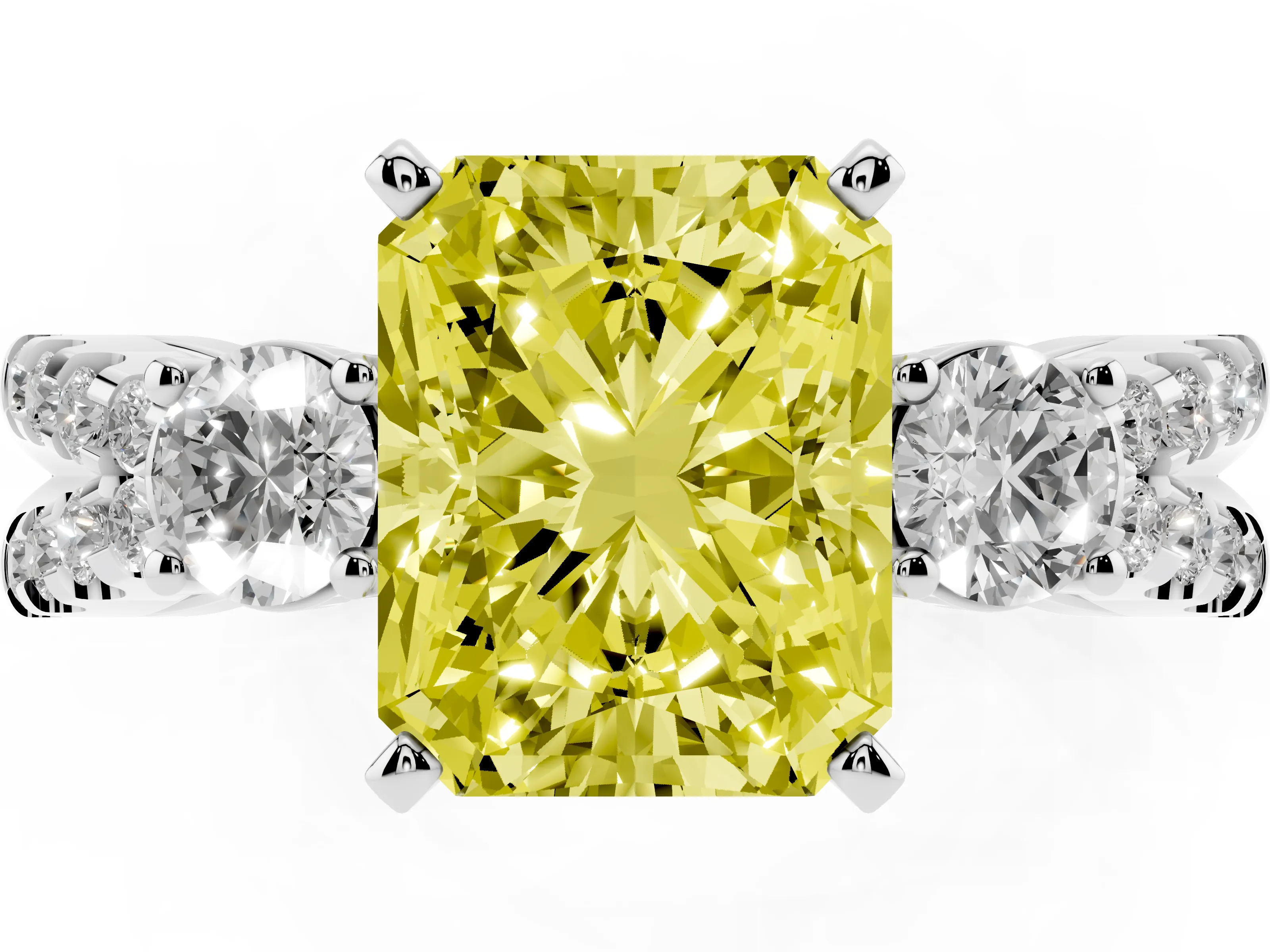 Fancy Yellow Radiant Cut Diamond Three-Stone Ring Set in Silver with Pavé Split Shank and Prong Setting