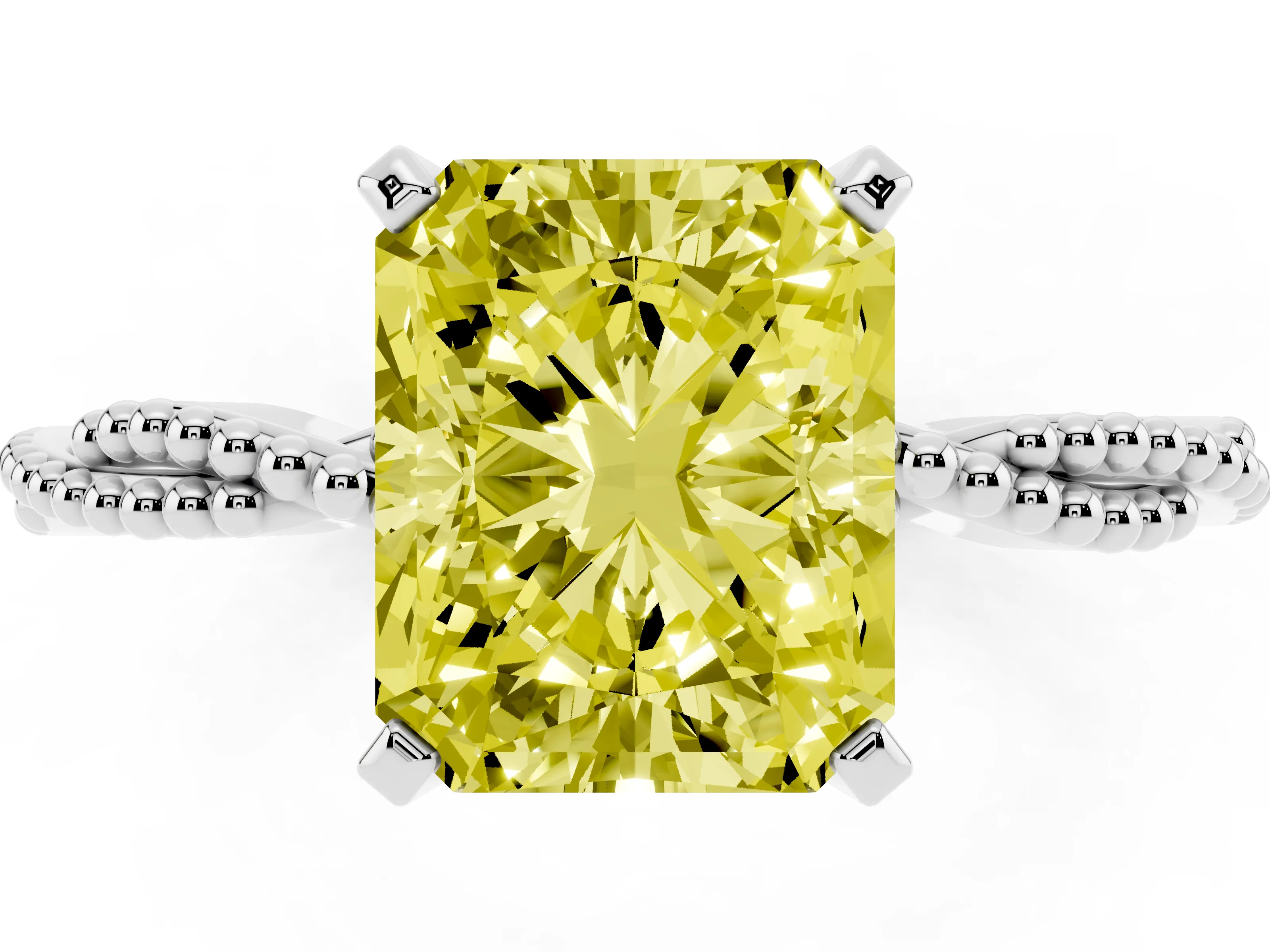 Fancy Yellow Radiant Cut Diamond Solitaire Ring Set in Platinum with Twisted Band and Bead Prong Setting