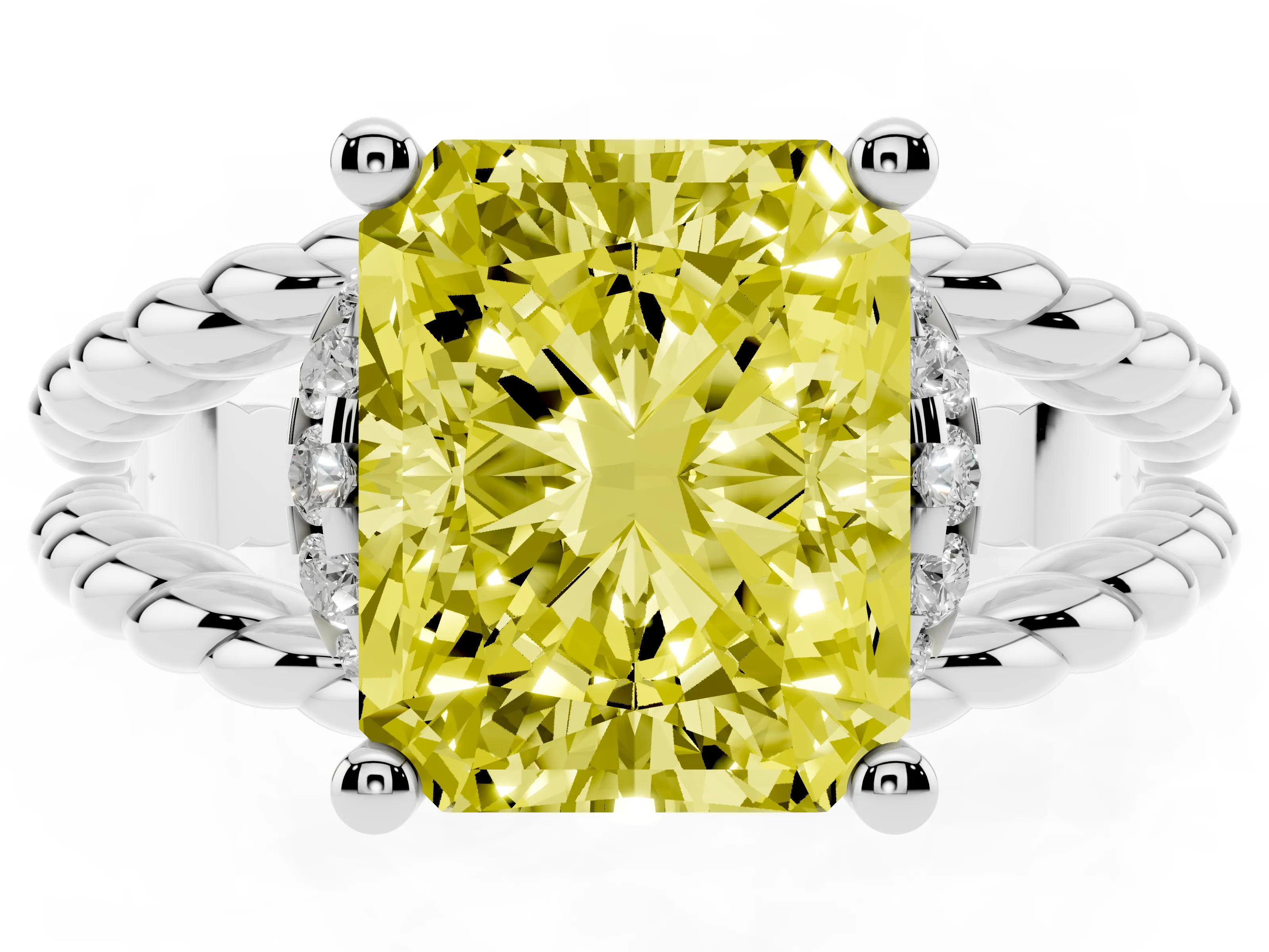 Fancy Yellow Radiant Cut Diamond Halo Ring Set in White gold with Twisted Band and Prong Setting