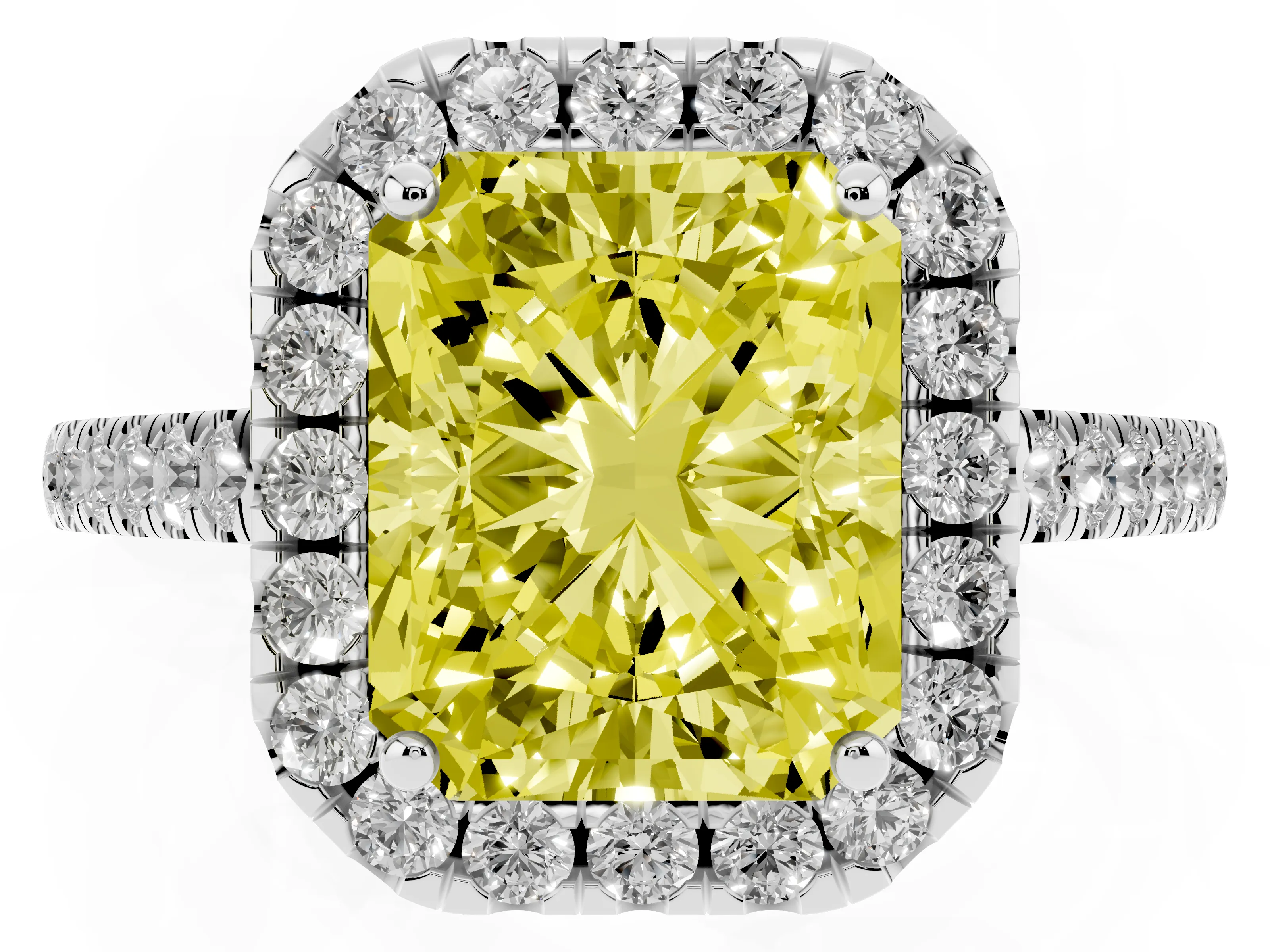 Fancy Yellow Radiant Cut Diamond Pavé Halo Engagement Ring Set in White gold with Pavé Band and Prong Setting