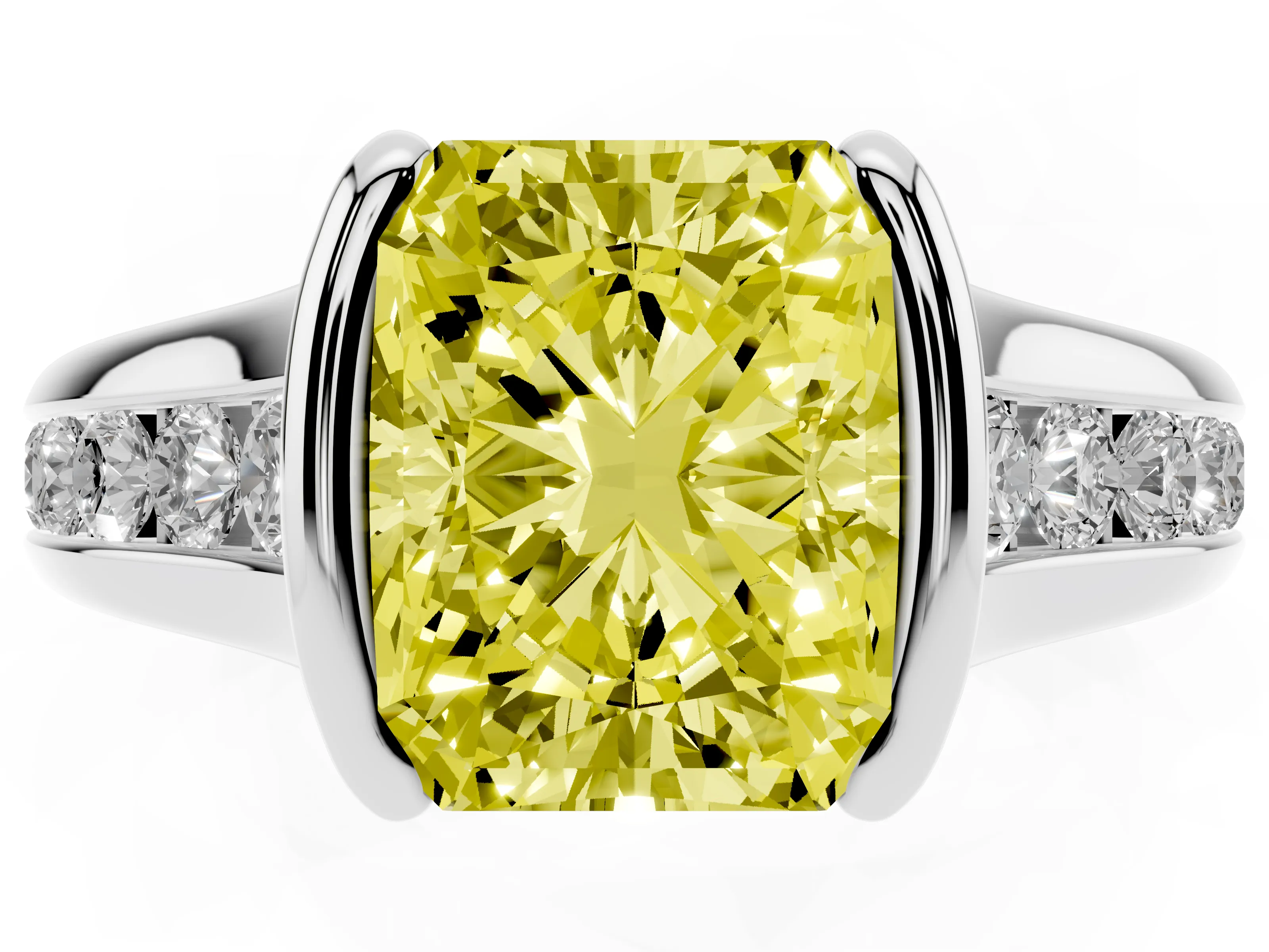 Fancy Yellow Radiant Cut Diamond Bezel-Set Solitaire Ring Set in White gold with Channel-Set Band