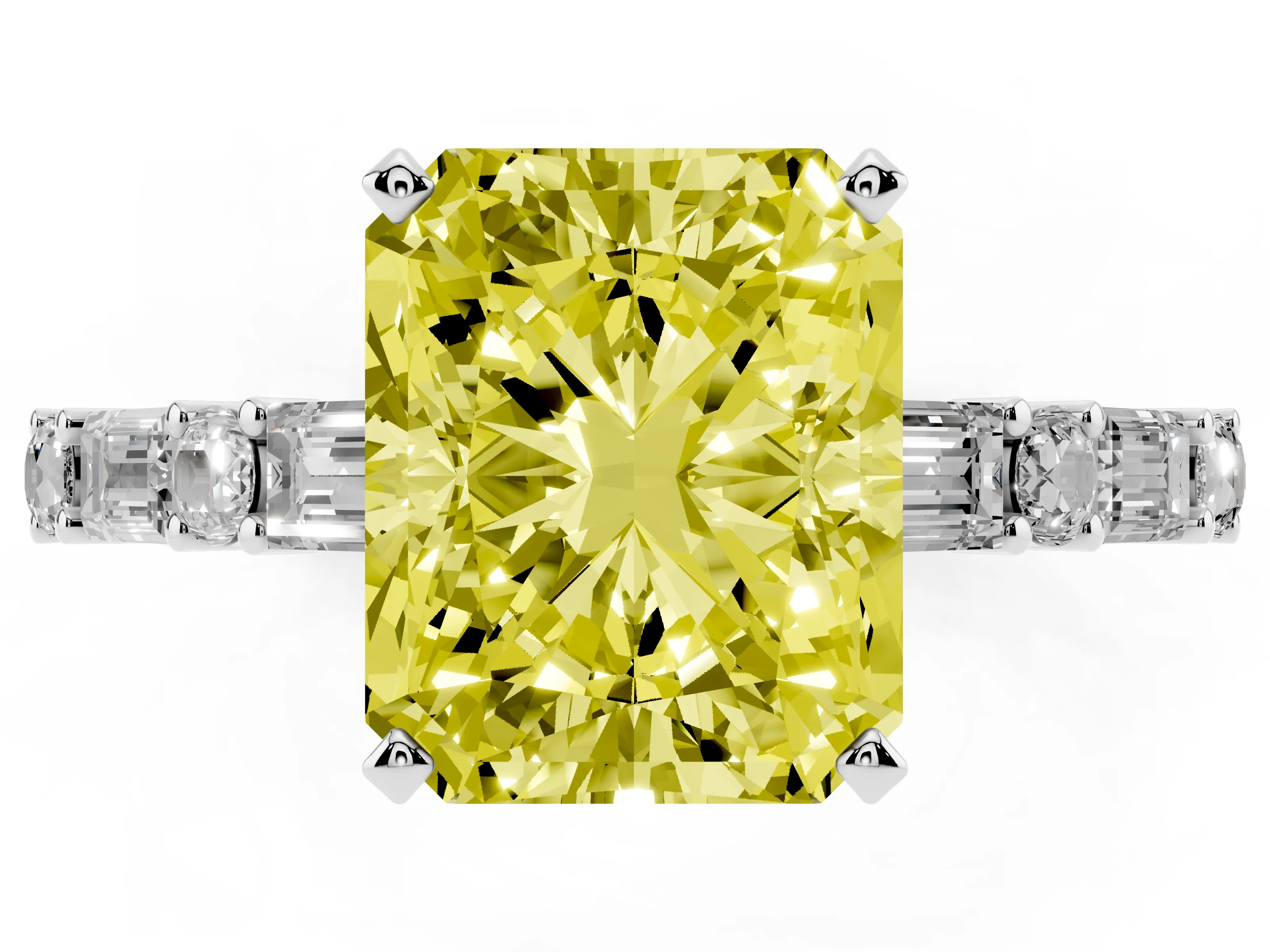 Fancy Yellow Radiant Cut Diamond Solitaire Set in Platinum with Side Baguettes and Channel Set Band
