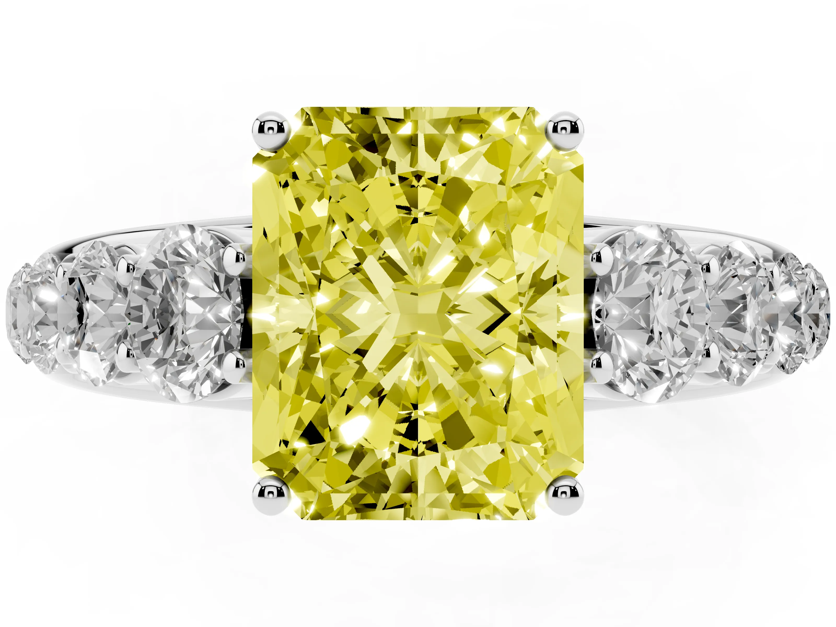 Fancy Yellow Radiant Cut Diamond Solitaire Ring Set in Platinum with Pavé-Set Band and Prong Setting