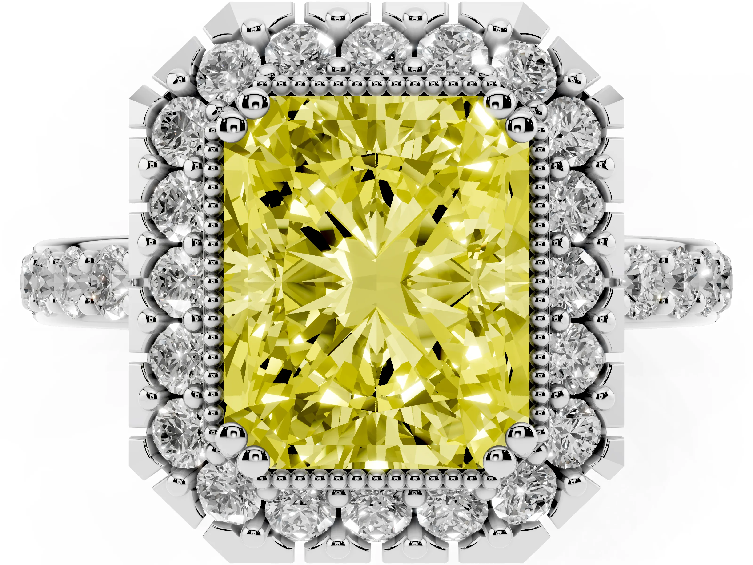 Fancy Yellow Radiant Cut Diamond Halo Ring Set in White gold with Pavé Shank and Prong Setting